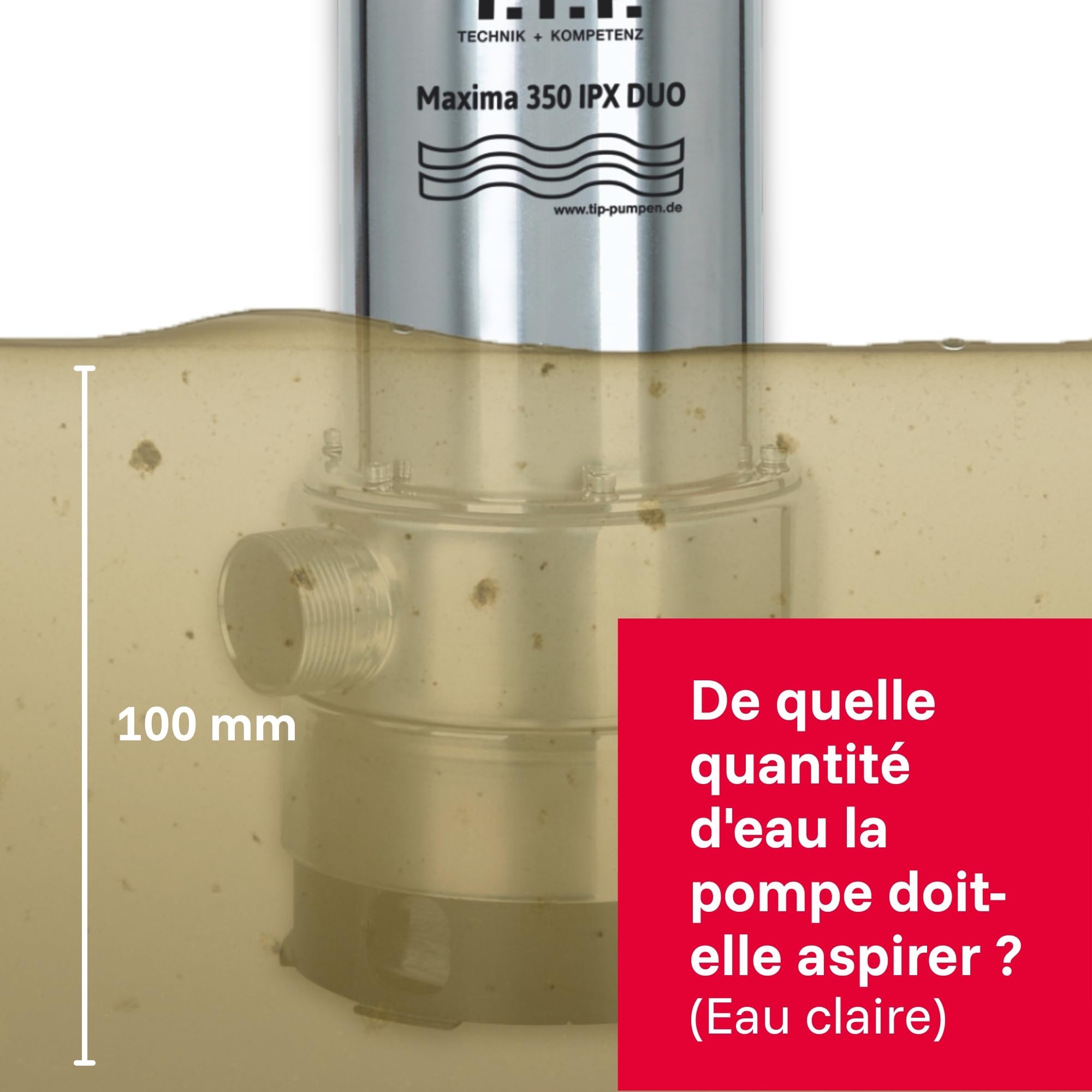 T.I.P. Maxima 350 IPX Pompe Submersible pour Eaux Usées en Acier Inoxidable avec Pied Extensible et Poignée Débit 20000 l/h Hauteur de Refoulement 8 m Puissance nominale 800 Watts Couleur Argent