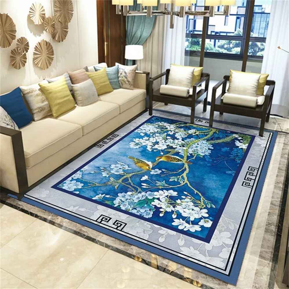 Tapis de salon antiderapant et resistant aux taches bleu