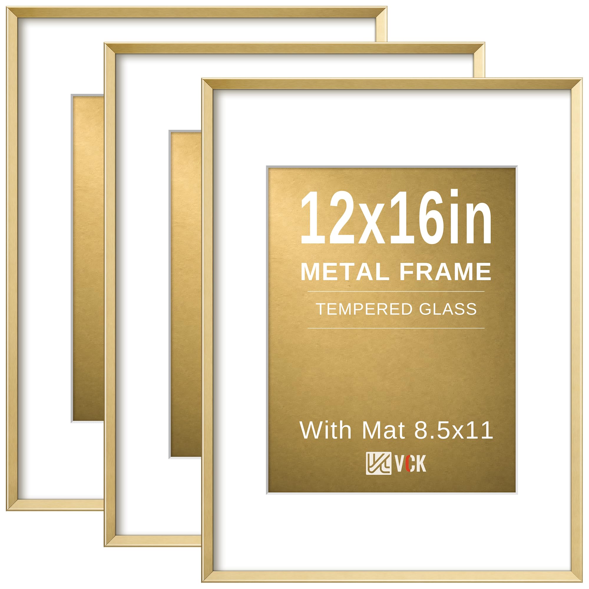VCK 12x16 Aluminum Picture Frame 3 Pack, Gold Metal Frame with Clear Glass, Fits 8.5x11 with Mat and 12x16 Without Mat Wall Hanging Display