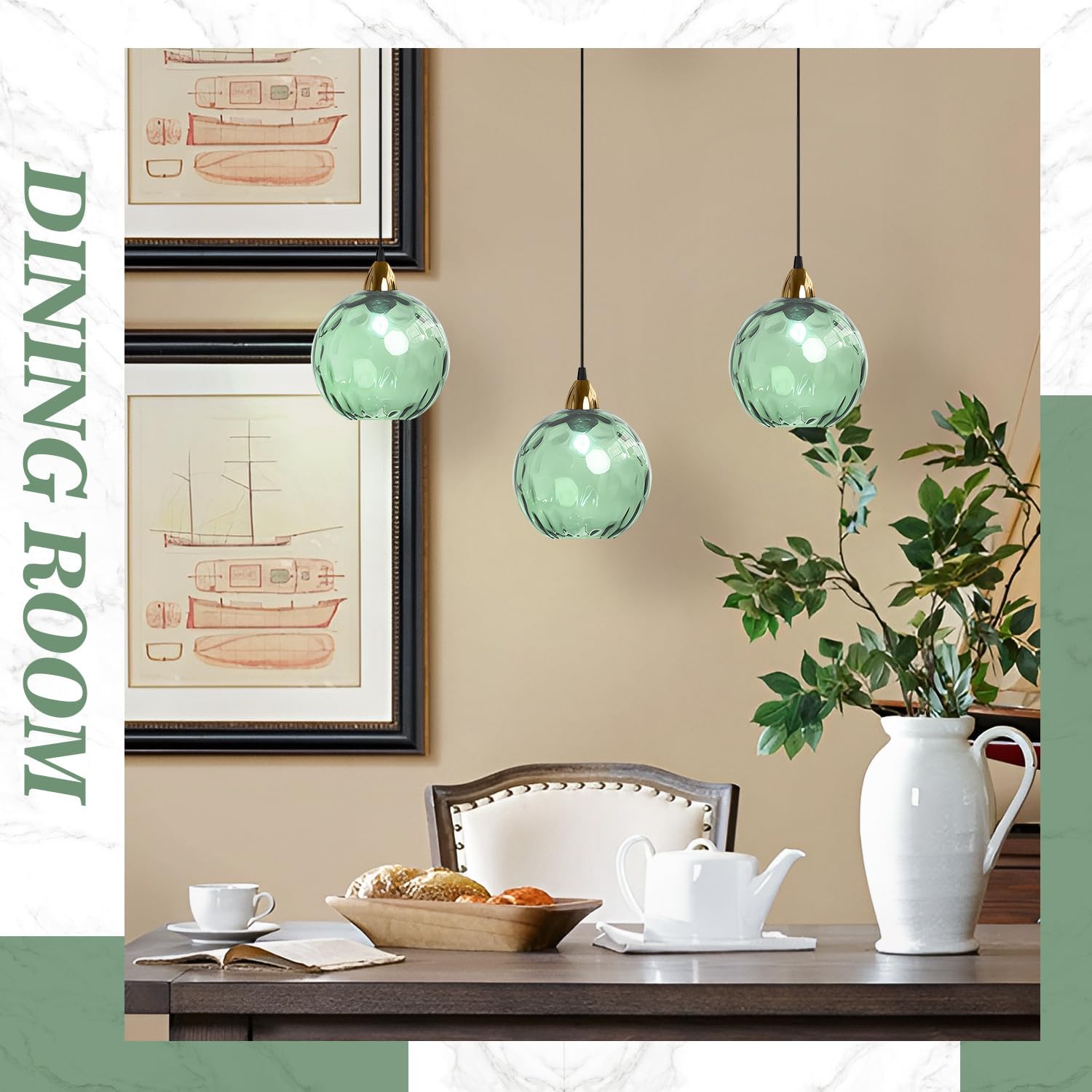 BOKT Modern Large Gold Globe Kitchen Island Pendant Lighting 1-Light Green Glass Ball Round Pendant Light Mid Century Single Brush Brass Ceiling Hanging Light Fixture (Green)