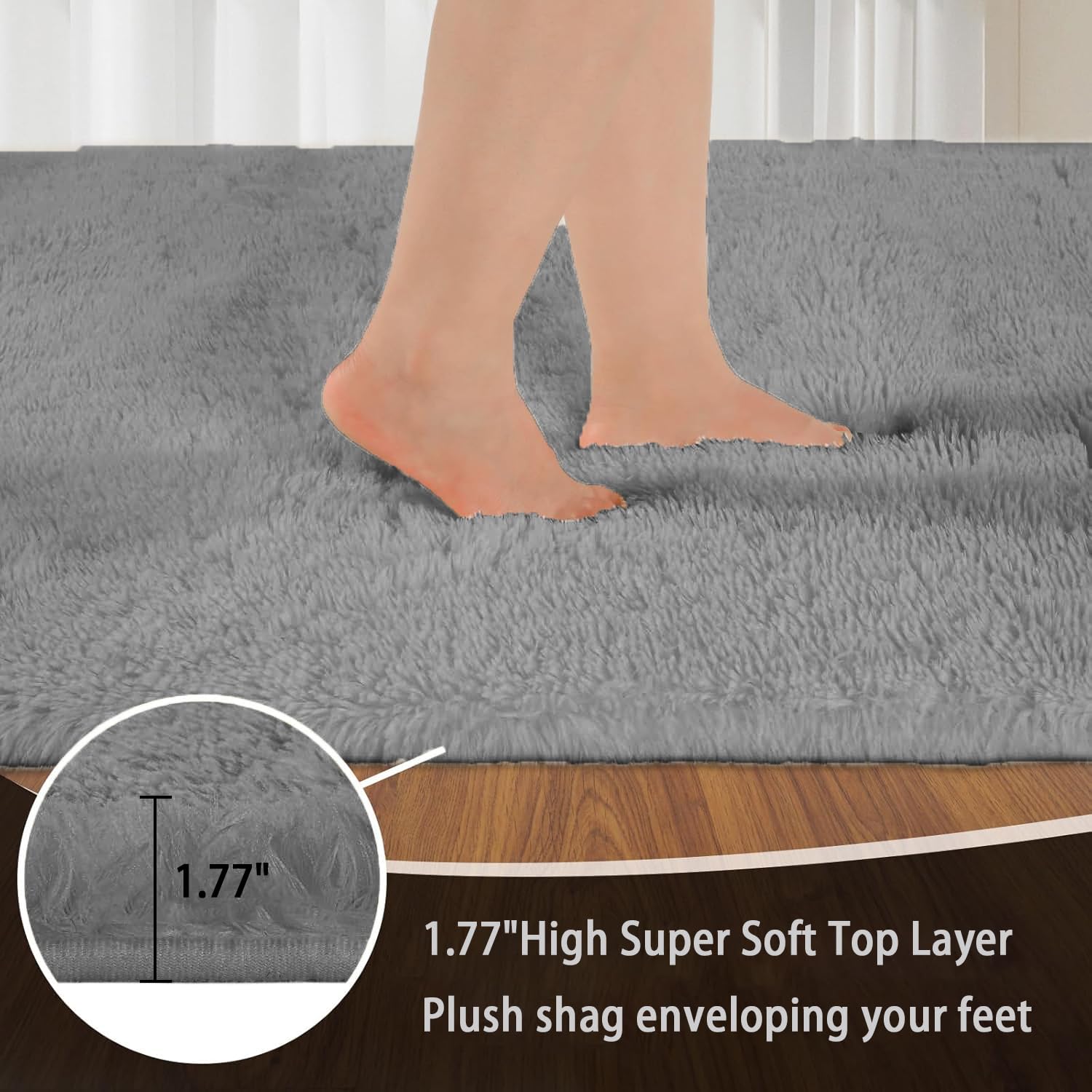 Hochflor Teppich 180 x 400 cm Rechteckig, Langflor, Felloptik, Moderne Deko, Waschbarer Teppich Wohnzimmer Hochflorteppich für Fußbodenheizung Geeignet, Grau