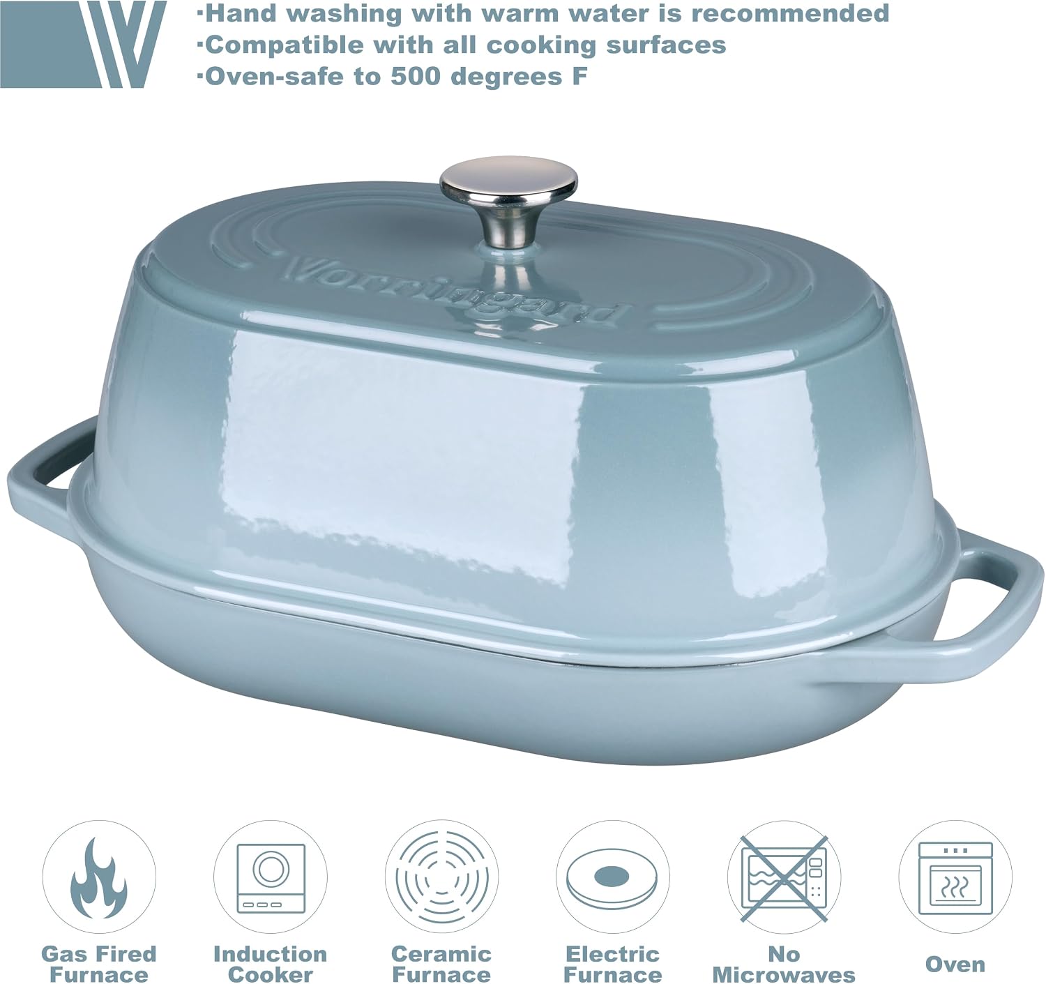 VORRINGARD Enameled Cast Iron Dutch Oven Pot with Dome Lid, Oval Bread Oven for Homemade Sourdough Bread Baking, Oven Safe up to 500°F, 6 Quart, Sea Salt