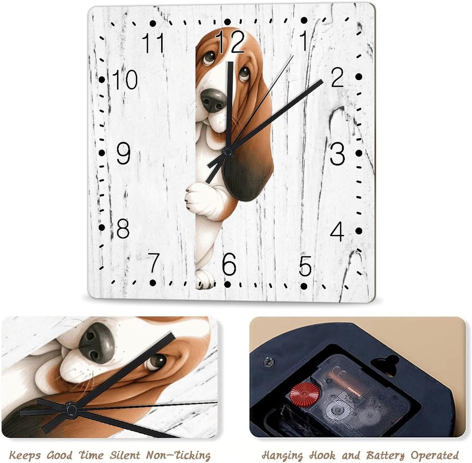 Basset Hound Decorative Wall Clock Basset Hound Dog Peeking ASquare Corner Wood Clock Battery Operated Silent Wood Clocks Dog Owner Gift Wooden Clock for Living Room Bedroom 12x12in