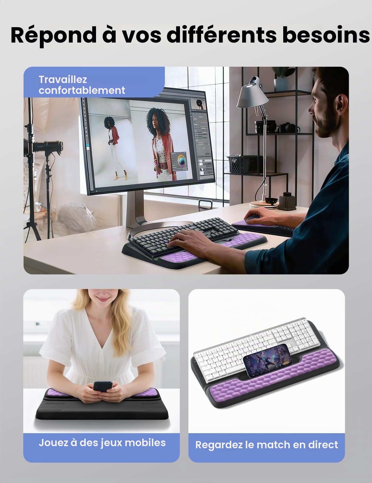 VAYDEER Set rehausseur de clavier et repose-poignet, Violet et noir