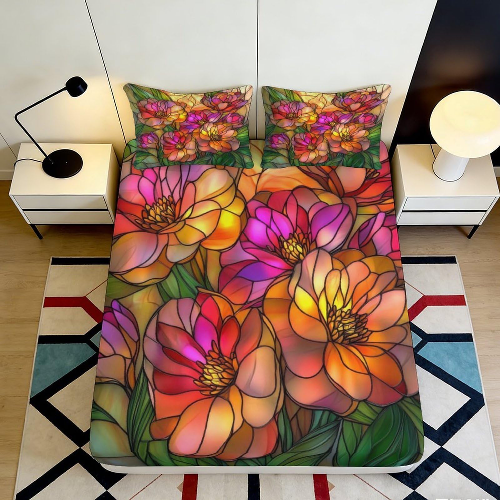 Pnayamiorkfel Style-8 3D Printed Vibrant Floral Fitted Sheet Microfiber Soft Breathable Artistic Blossom Bed Cover For Bedroom Guest Room Decor 90X200x25cm
