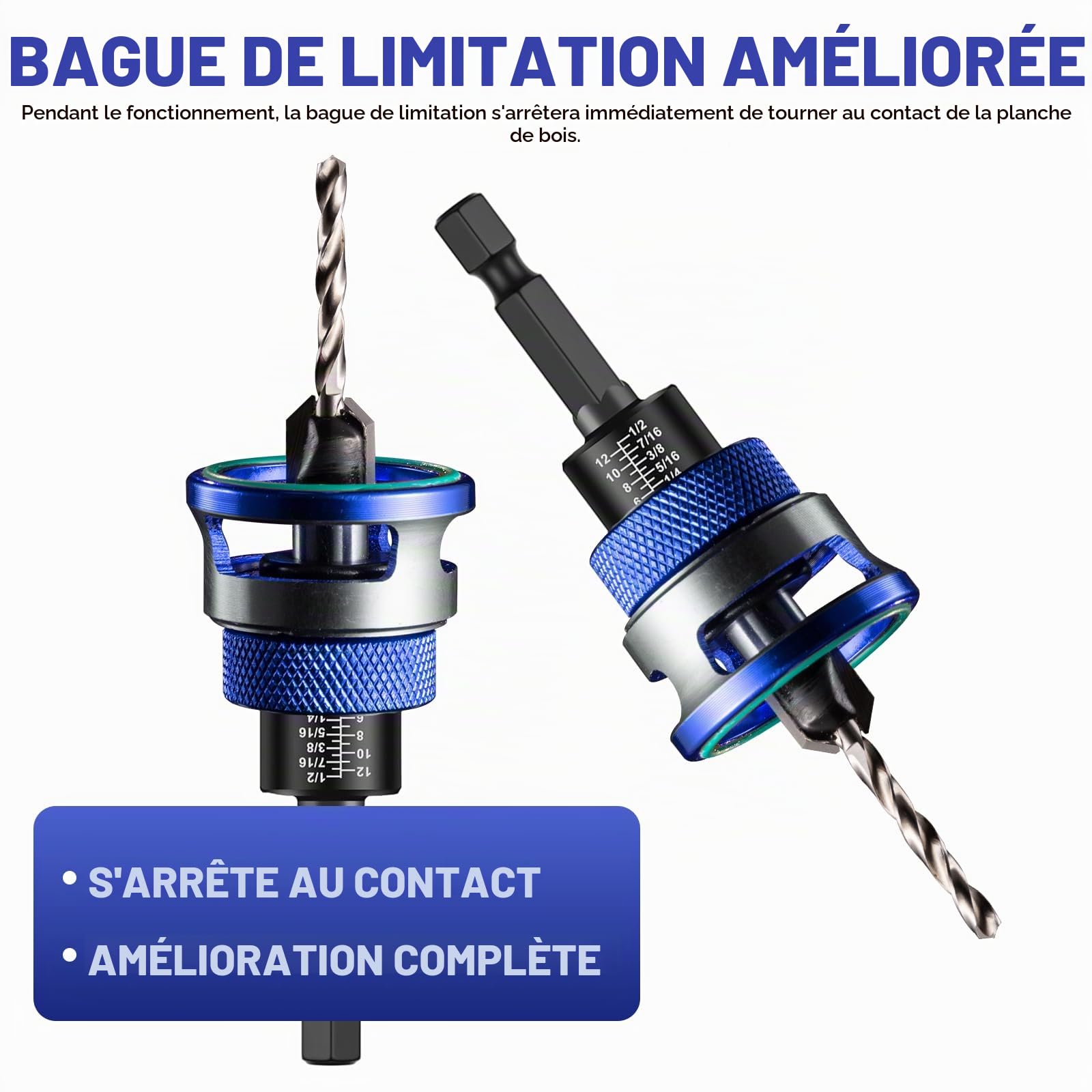Forets à Bois 5 Pièces, HSS-M2, Tige Hexagonale 1/4" | Fraisés avec Butée de Profondeur et Embout Cruciforme, Trous Précis, pour Atelier, Travail du Bois (Bleu)