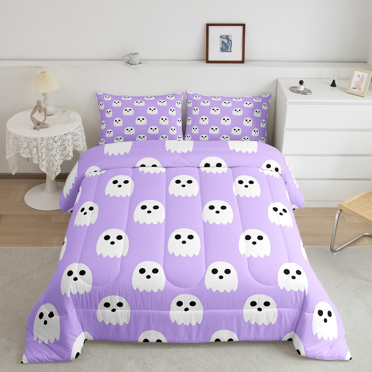 Feelyou Kids Halloween Comforter Set King Size, Cute Ghost Comforter Boys Girls Ghost Festival Bedding Set Cartoon Teens Duvet Set Bedroom Decor Microfiber Bed Set