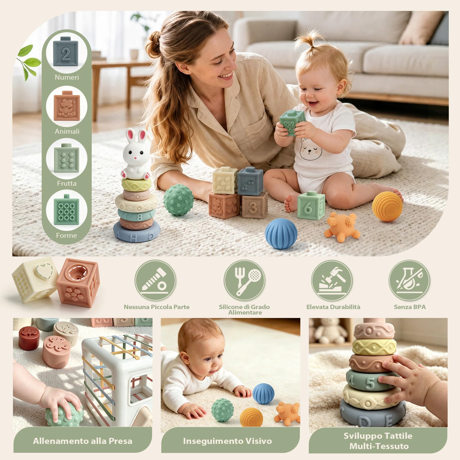 Anook Giochi Neonato 6-9-12 Mesi, 6 in 1 Giochi Montessori 6 Mesi | Giochi Sensoriali per Neonati con Giochi Impilabili ,Scatola di Fazzoletti,Cubi di Forme da Smistare,Regalo Neonato 6-12 Mesi