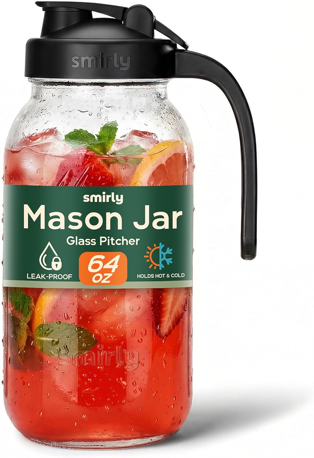 SMIRLY 64 oz Mason Jar Pitcher,Glass Pitcher with Wide Mouth,Water Jug with Double Leak Proof Lid for Iced Coffee,Hot Water,Breast Milk