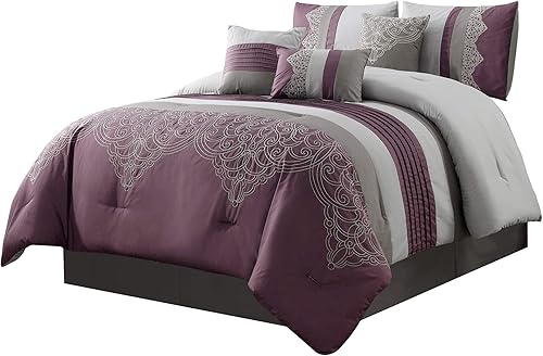 Miniatura 7 de Chezmoi Collection Chloe - Juego de edredón de 7 piezas con bordado geométrico geométrico a rayas plisadas, color morado y gris, tamaño Queen