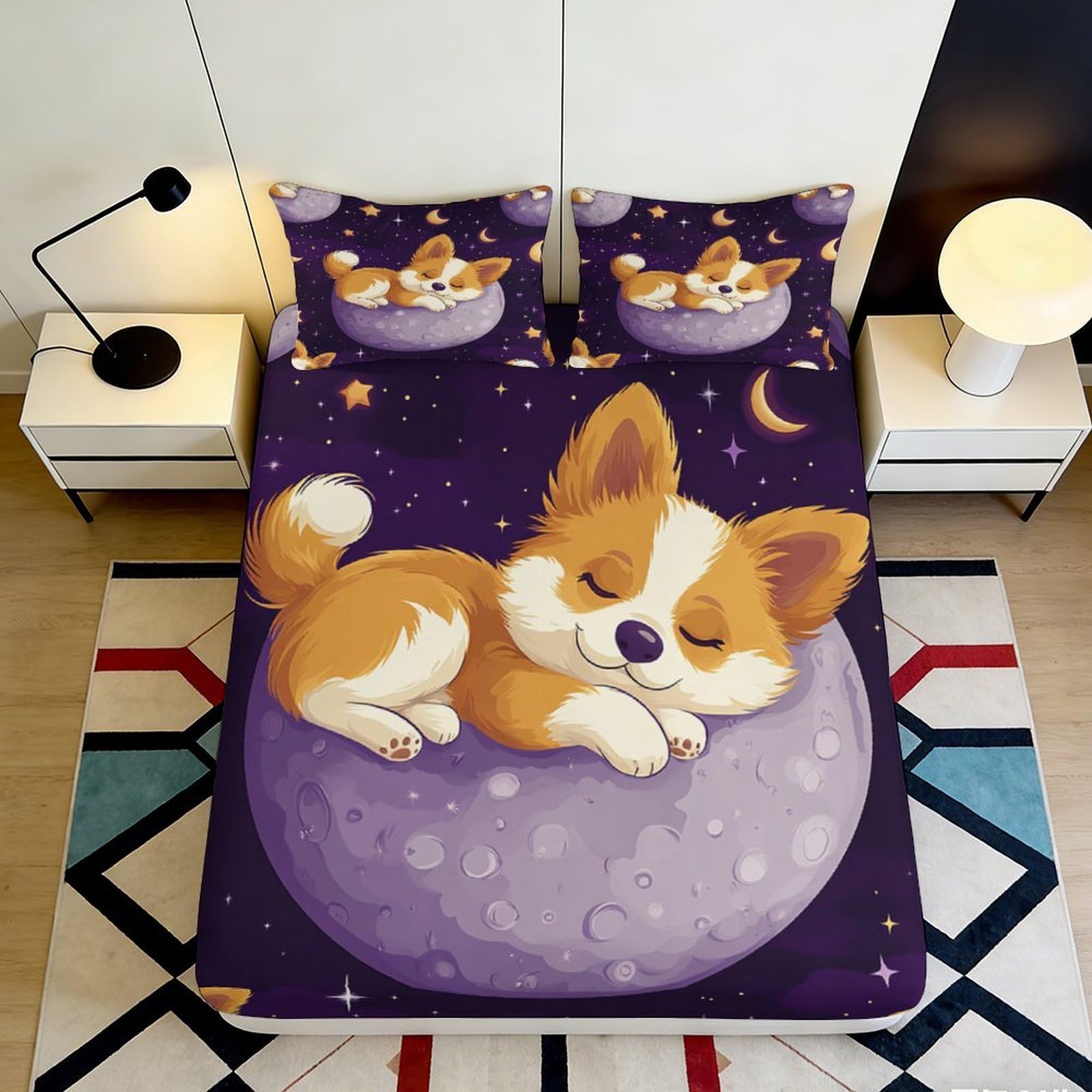 Jqzkxnhpbr Style-2 3D Printed Cartoon Corgi Fitted Sheet Microfiber Soft Bedroom Decor Moon Star Mattress Cover For Home Guest Room 90X200x25cm