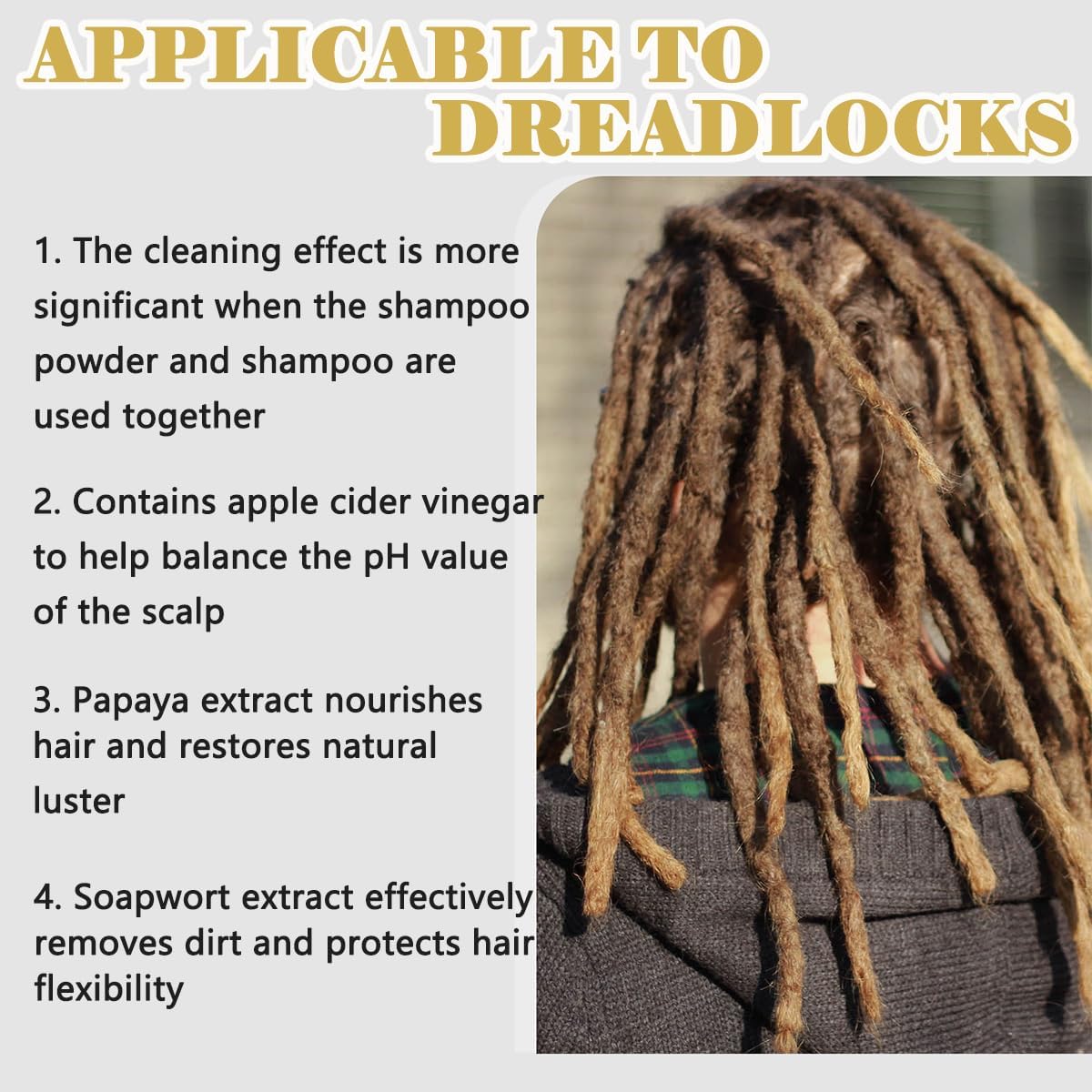 Champú para rastas con vinagre de manzana: Ligero y refrescante, limpia suave y profundamente la grasa y la suciedad de las trenzas, dejando el cuero cabelludo con una sensación de frescura.