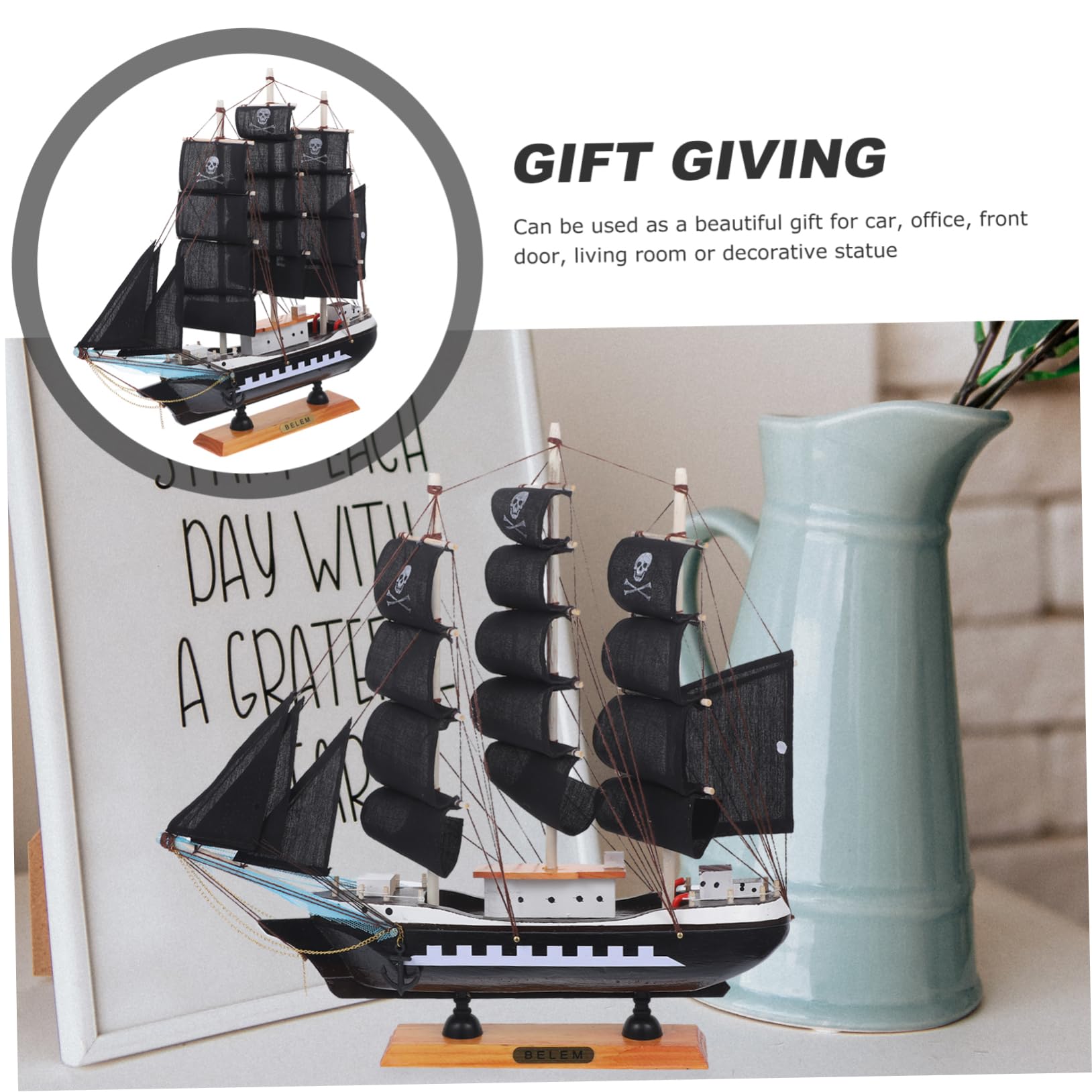 UKCOCO Modelo de Barco Pirata de Madera 33cm Decoración Marítima para Oficina y Entrada Estilo Único y Material Madera Tela