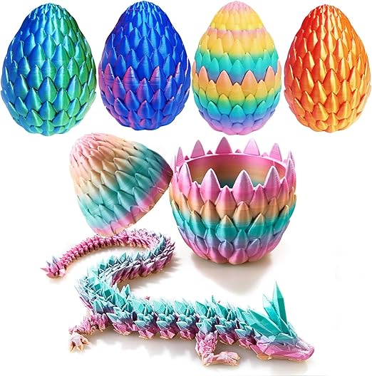 12inch 3D Printed Dragon Egg,Mystery Crystal Dragon Fidget Toys,Articulated Dragon,Home Desk Decor Easter Surprise Dinosaur Eggs,Adults Fidget Toys for Autism/ADHD (Rainbow)