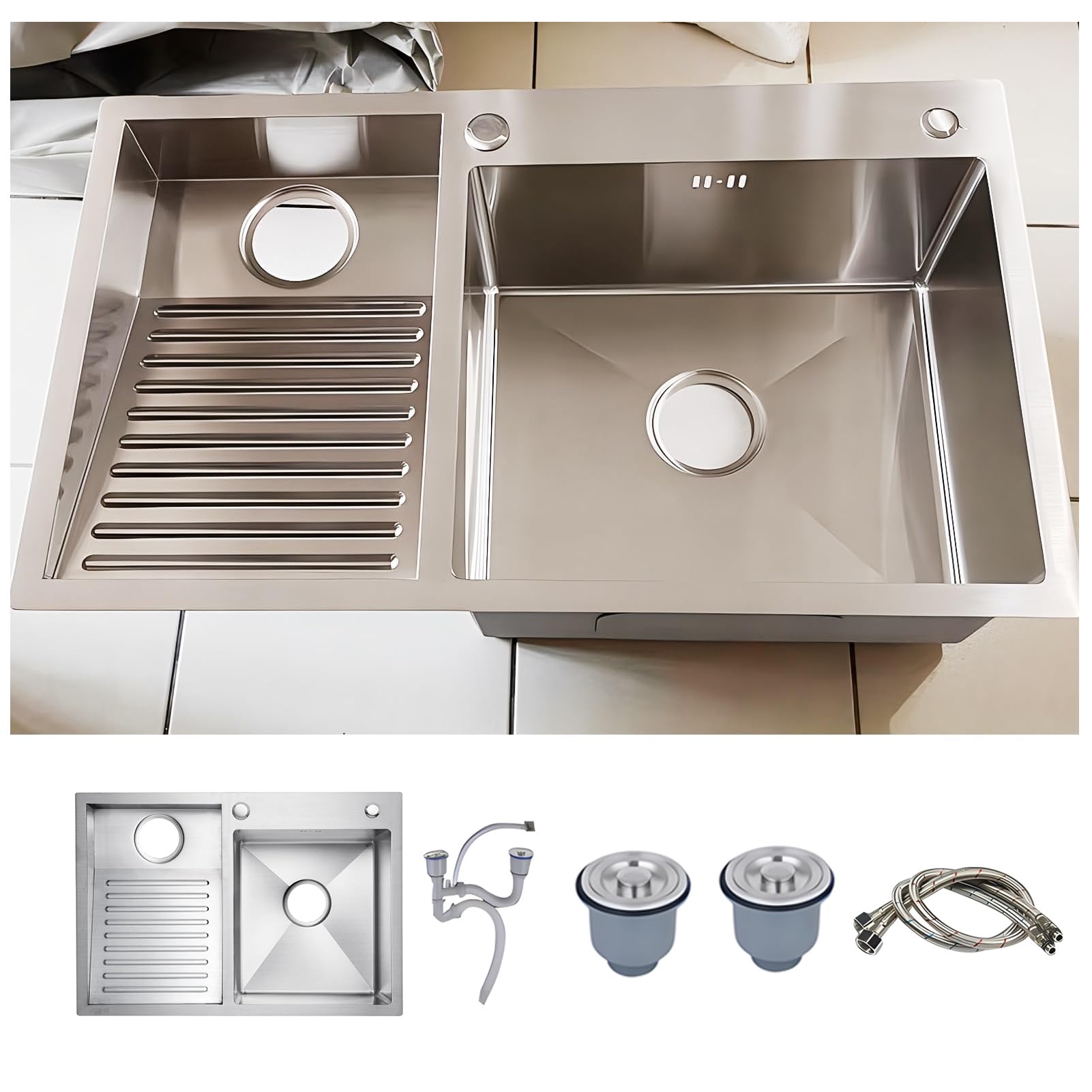 Lavabo De Acero Inoxidable Doméstico con Placa De Lavandería Fácil De Limpiar De Doble Fregadero (Color: Left, S: 80x48cm)