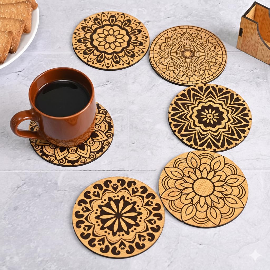 Gift Kya De Gkd Coaster Set Of 6 Mandala Art Wooden Coasters With Proper Coaster Stand Coaster Set Fit For Tea Cups, Coffee Mugs And Glasses (3.5 X 3.5 Inch) (Bamboo Ecofriendly)