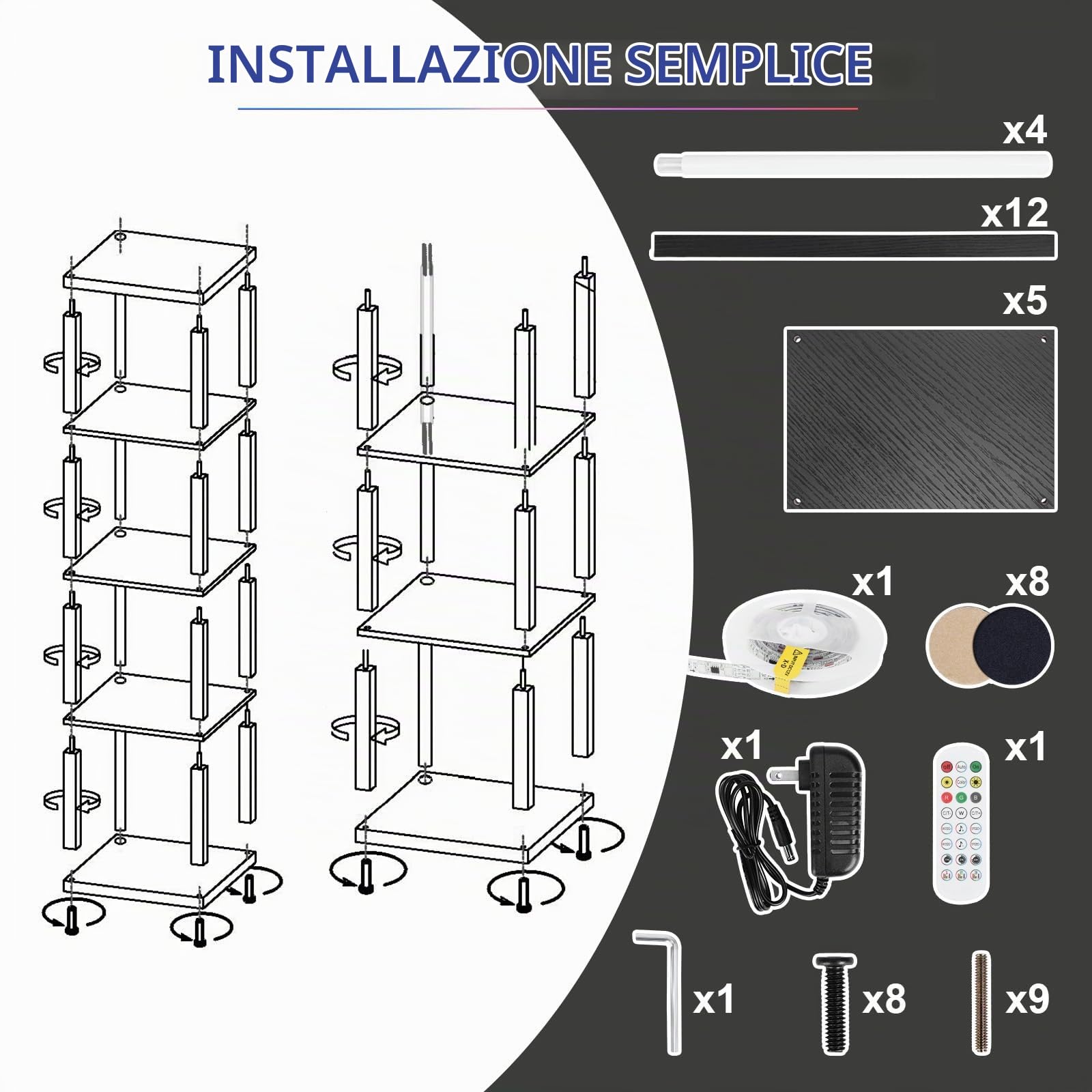 XIIW Libreria con illuminazione a LED, 5 livelli lampada da terra con ripiano, lampada da terra soggiorno in legno con app e telecomando, mensola angolare per soggiorno, camera da letto, studio