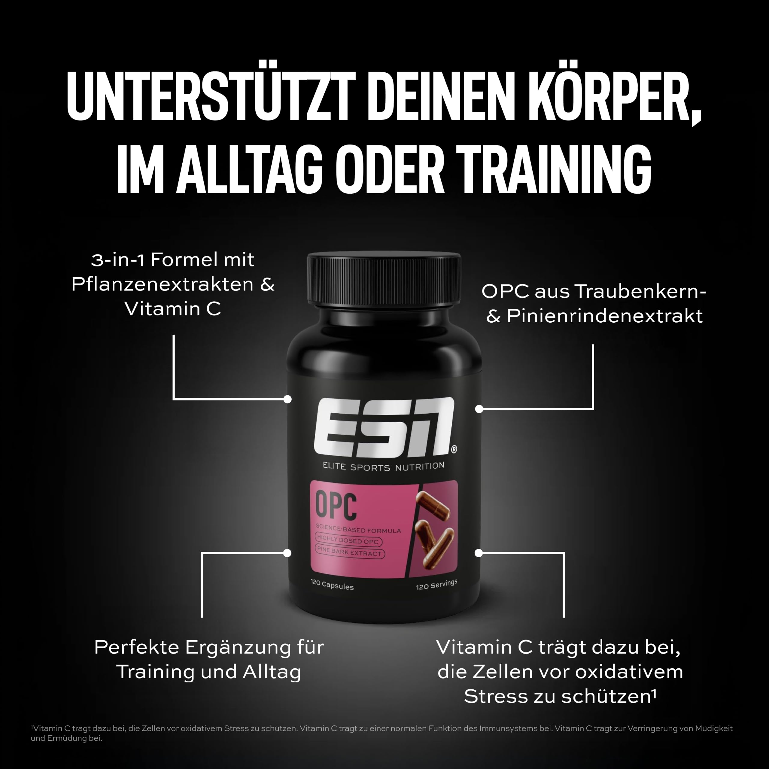 ESN OPC, 120 Kapseln, Traubenkern-Extrakt Kapseln mit Vitamin C, hochdosiert, vegan - made in Germany