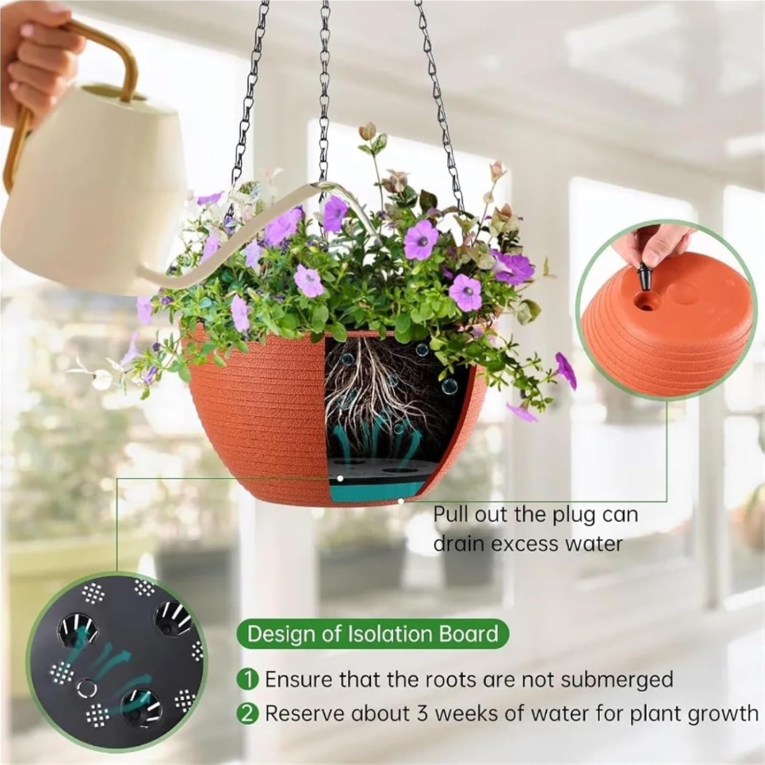 2 Pcs 8 Inch Self Watering Hanging Planters for Indoor Outdoor Plants Light Textured Baskets Flower Pots with Draina for Planters