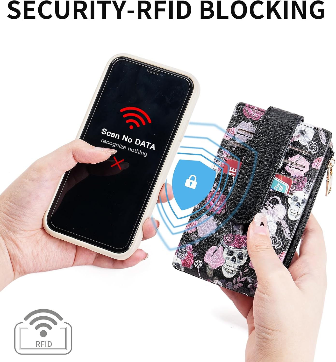 GOIACII RFID Slim Card Holder Wallet with ID Window Thin Bifold Wallet for Womens Zipper Coin Pocket Goth Skull & ROSE