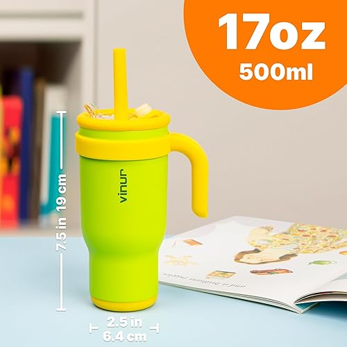 Miniatura 7 de VINUR - Vaso térmico con asa de 17 oz de acero inoxidable de doble pared con aislamiento al vacío, vaso de viaje para agua con tapa y pajita (Verde