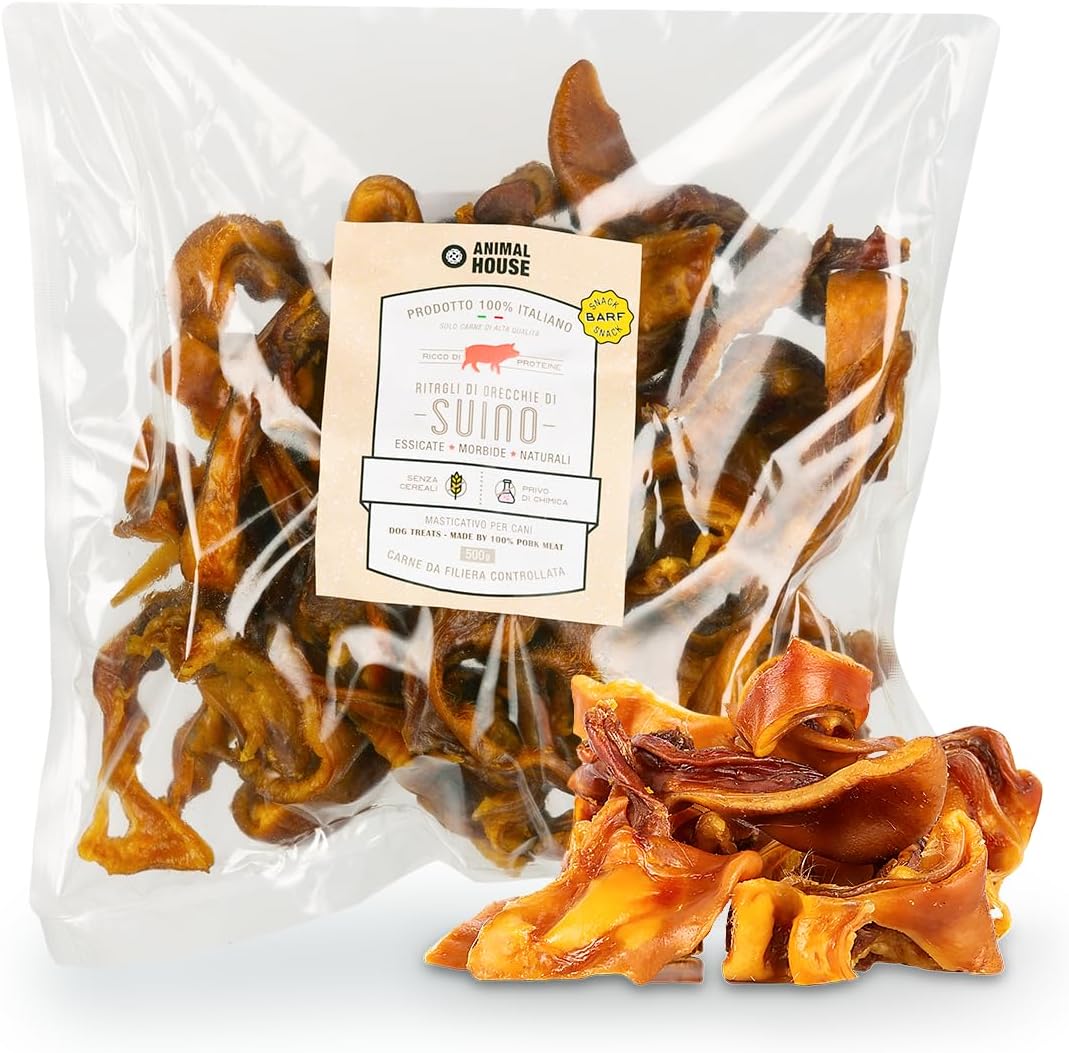 Animal House - Natural Barf Snack for Dogs with Pork Ear Cutouts Italian Protein Enjoyment for Your Four-Legged Friend's Wellbeing (500g, Pig Ears)