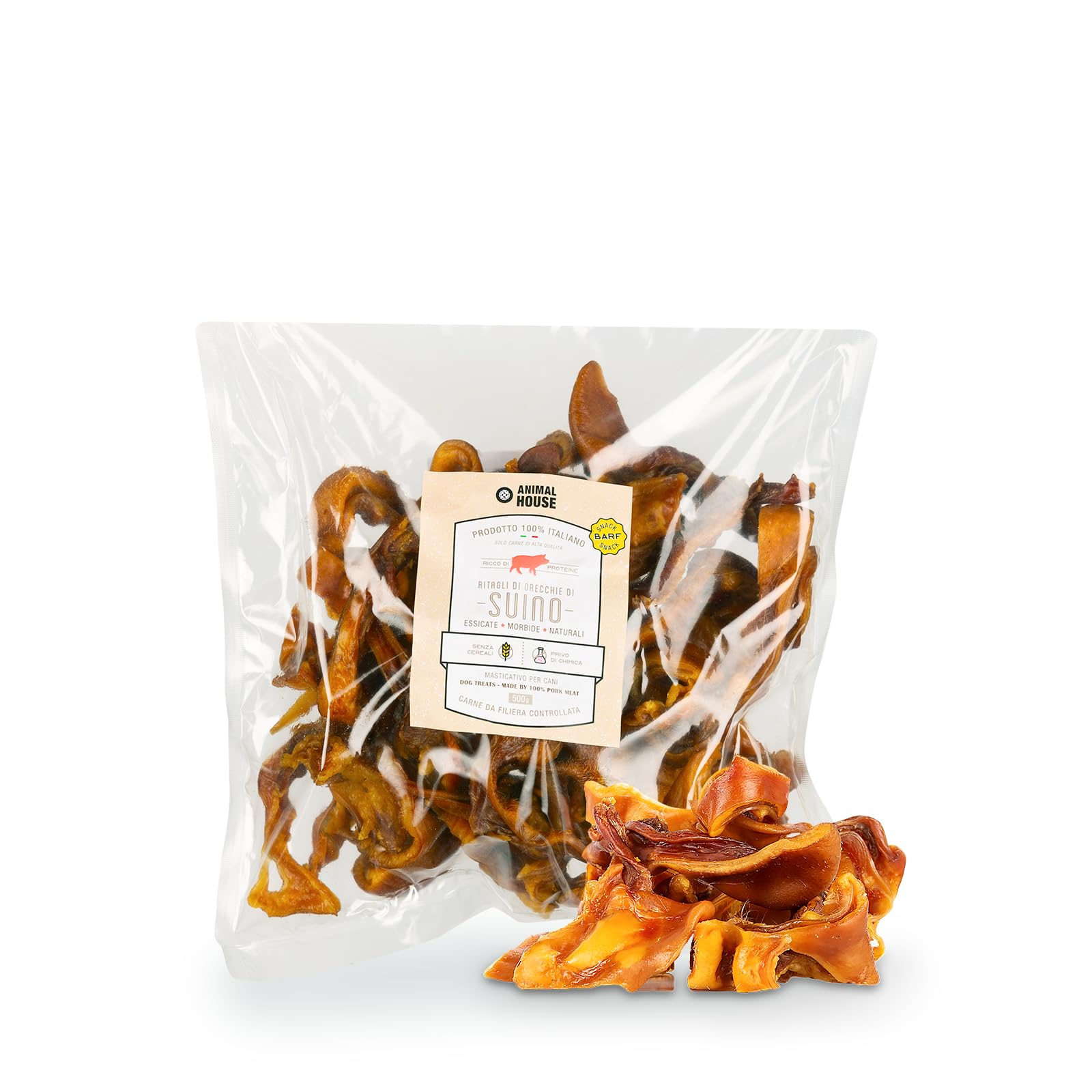 Animal House - Natural Barf Snack for Dogs with Pork Ear Cutouts Italian Protein Enjoyment for Your Four-Legged Friend's Wellbeing (500g, Pig Ears)