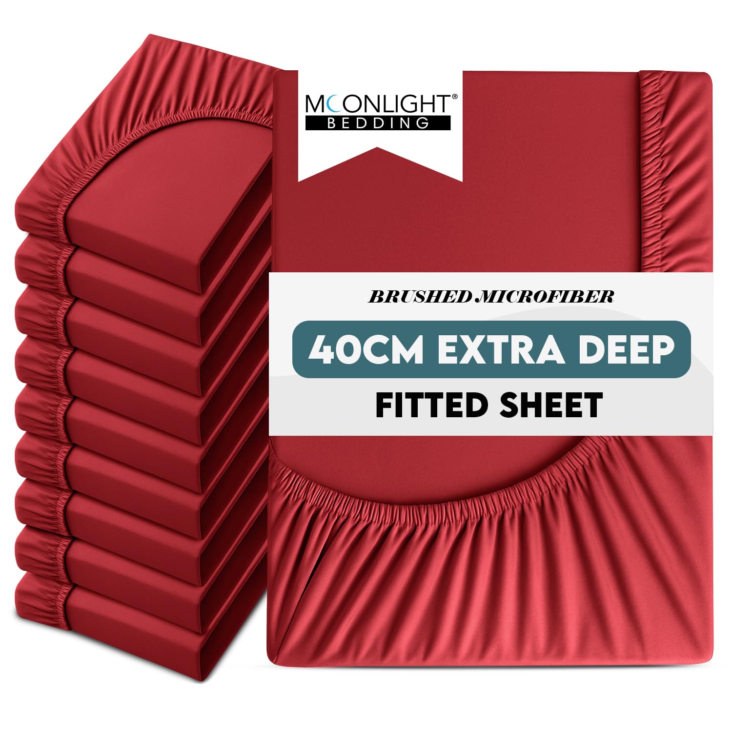 Moonlight Bedding Super King Size Fitted Sheets 10 Pack 40CM Red Bedsheet with Elastic Corners 16 Inch Bottom Sheet Brushed Microfiber Easy Care Breathable Shrinkage Fade-Resistant โ image 1