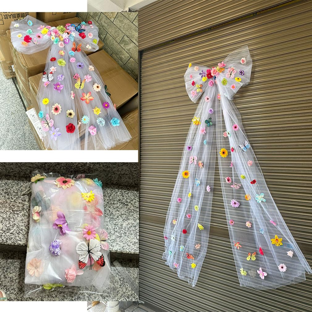 Tüll Schleifen Groß Deko Geschenkschleifen mit Blumen Stuhlschleifen Autoschleifen Hochzeitsschleifen Hochzeitsbogen Tüllstoff Hochzeitsdeko Auto Schmuck für Party Deko 100cmx120cm