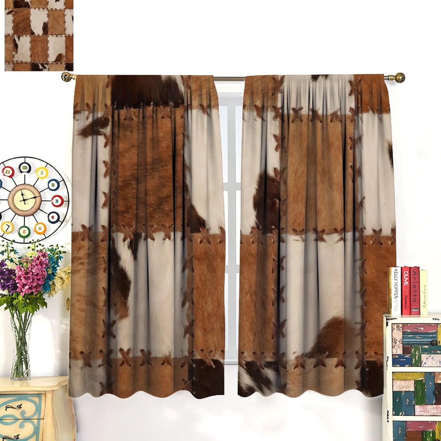 Vintage Rustic Wildlife Fur Curtains, Western Farmhouse Cowhide Brown Spotted Animal Skin Patchwork Drapes, Blackout Rod Pocket Window Treatments for Living Room Bedroom Bathroom Kitchen 42x45in