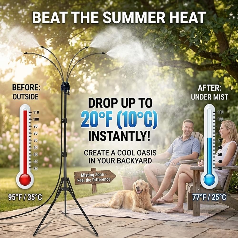 Adjustable Outdoor Misting Cooling System,Portable Misting System for Outside Patio,Standing Spray Atomizing Nozzle for Backyard, Pool, Tanning, BBQ,Sweltering Place (1pcs)