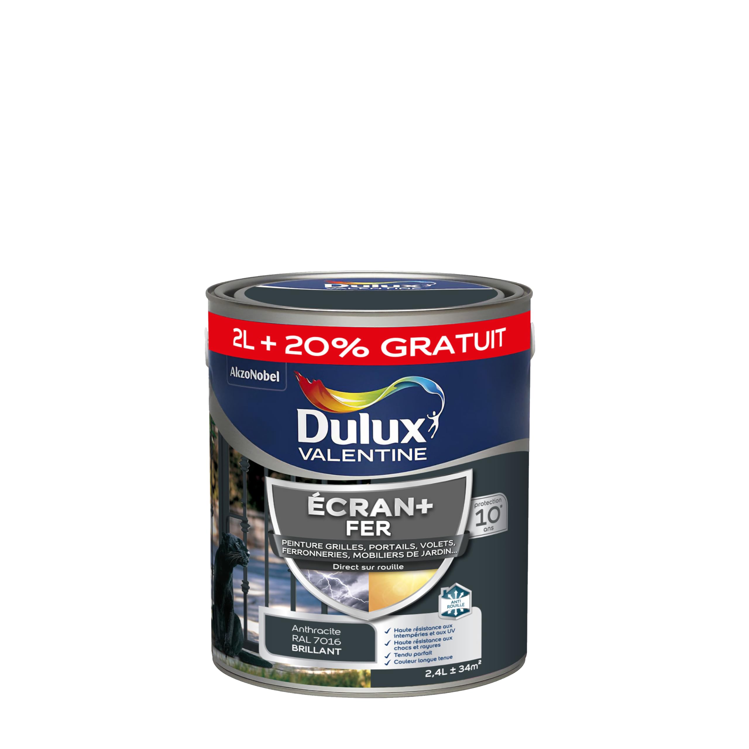 Dulux Valentine Peinture Ecran+ Fer Intérieur/Extérieur - Haute résistance aux intempéries, aux UV, chocs et rayures - Gris Anthracite 2 L + 20% gratuit
