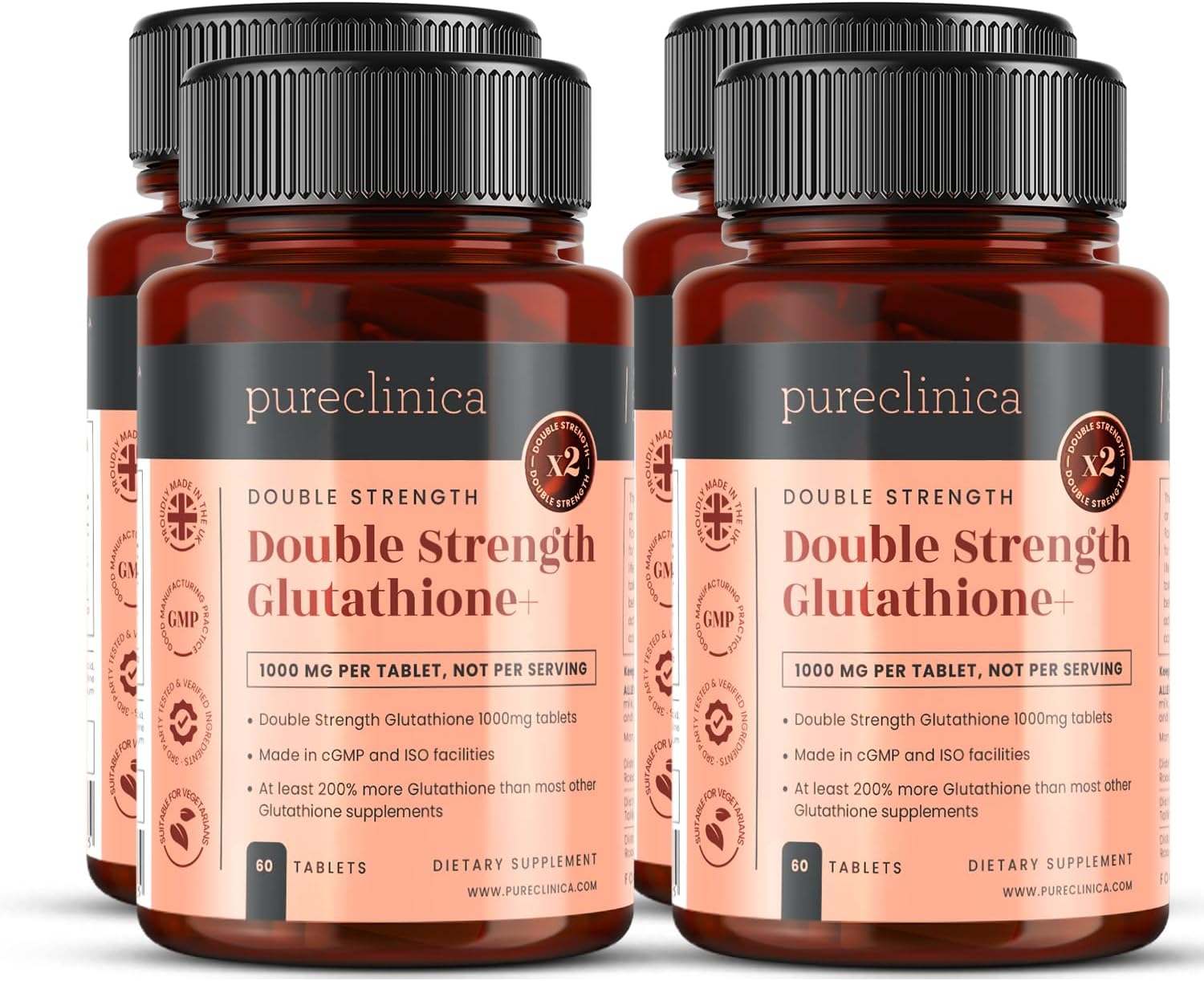 pureclinica Glutathione 1000mg x 240 Tablets (4 Bottles of 60)- w/500mg Glutathione, 300mg ALA, and 200mg VIT C per Tablet