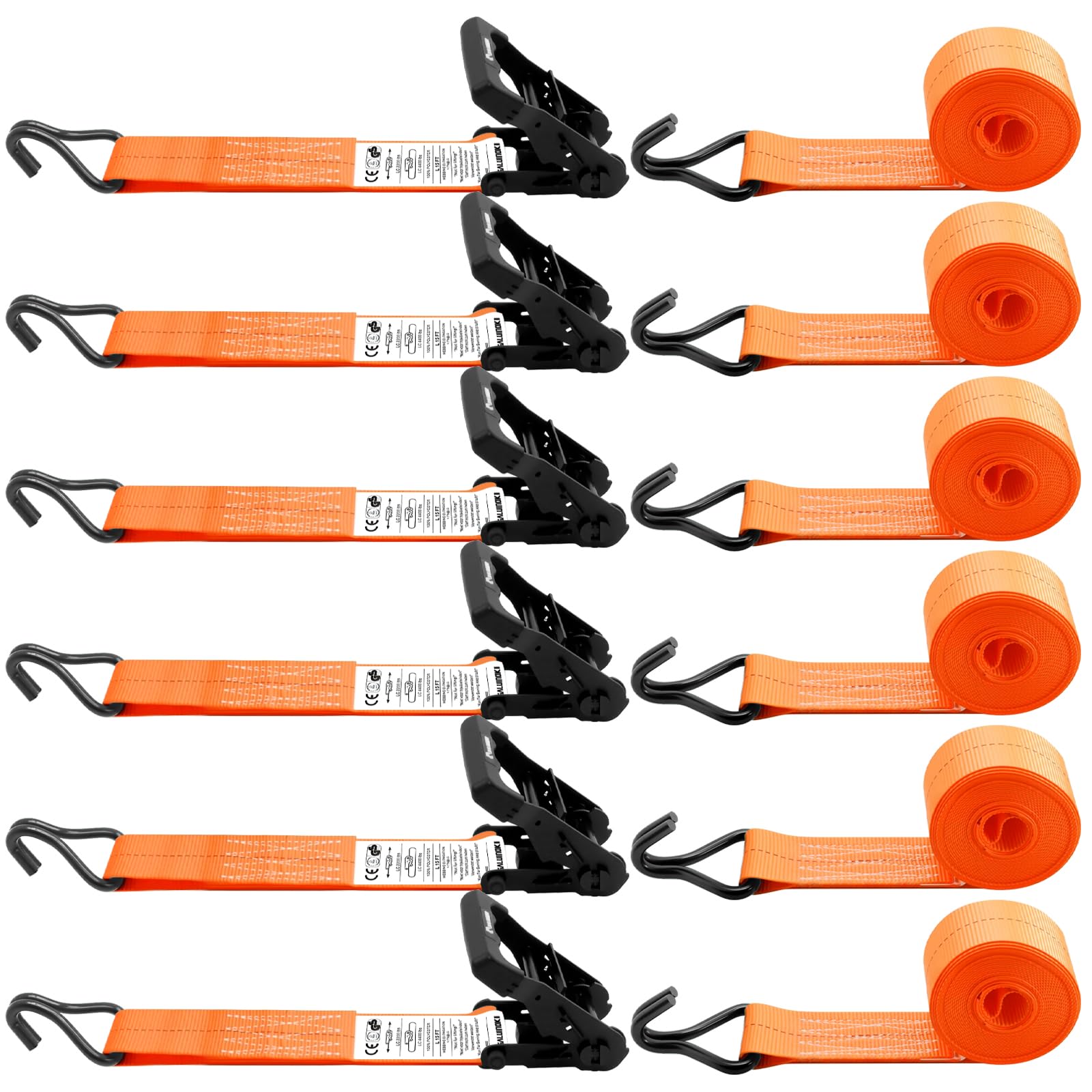 Confezione da 6 cinghie a cricchetto da 5,1 cm, resistenti, gancio a J, 5,1 cm x 4,6 m, con forte cricchetto, carico di carico 997,9 kg, carico di lavoro per camion, arancione