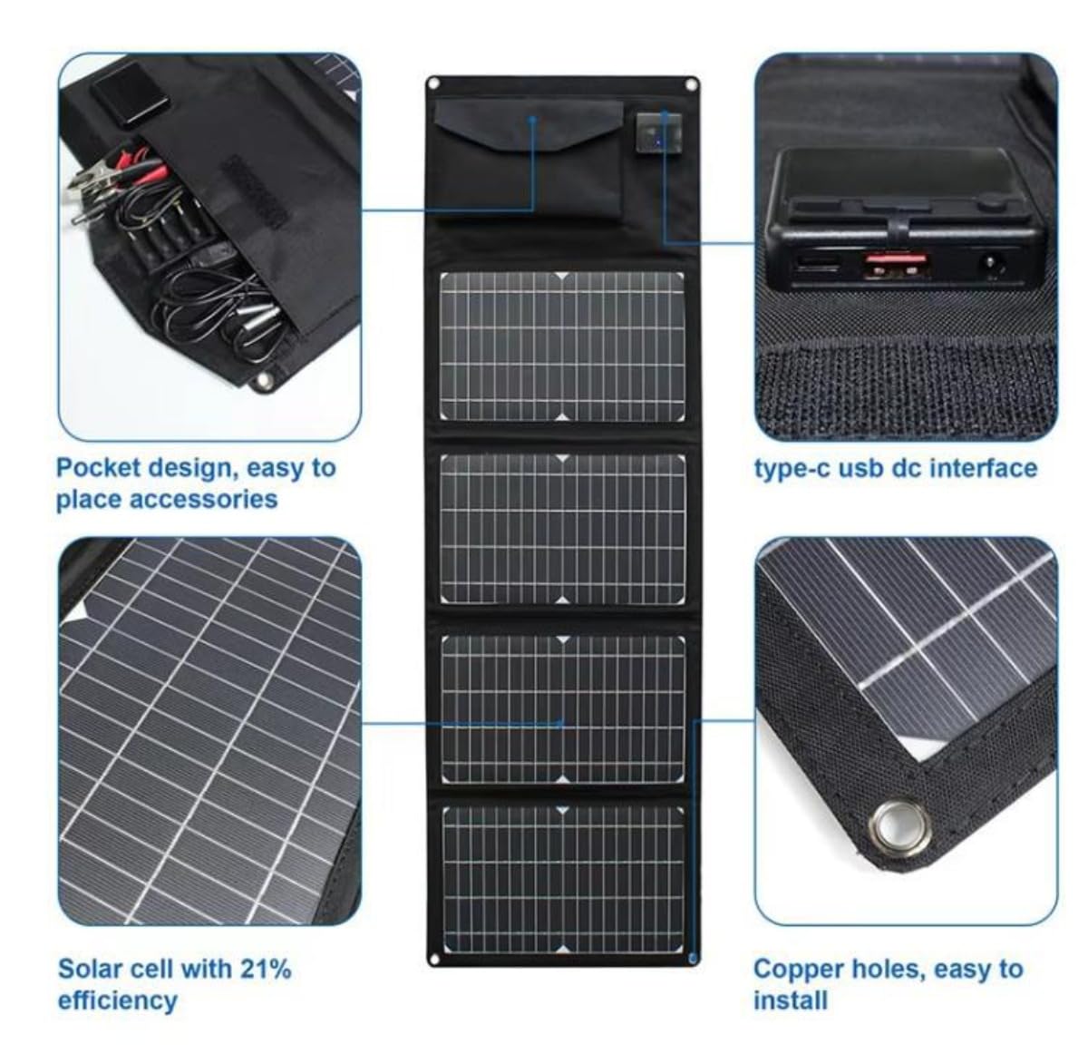 Chargeur solaire monocristallin 28 W, panneau solaire portable ultra fin à 4 volets avec charge rapide pour le camping, les téléphones et les aventures en plein air