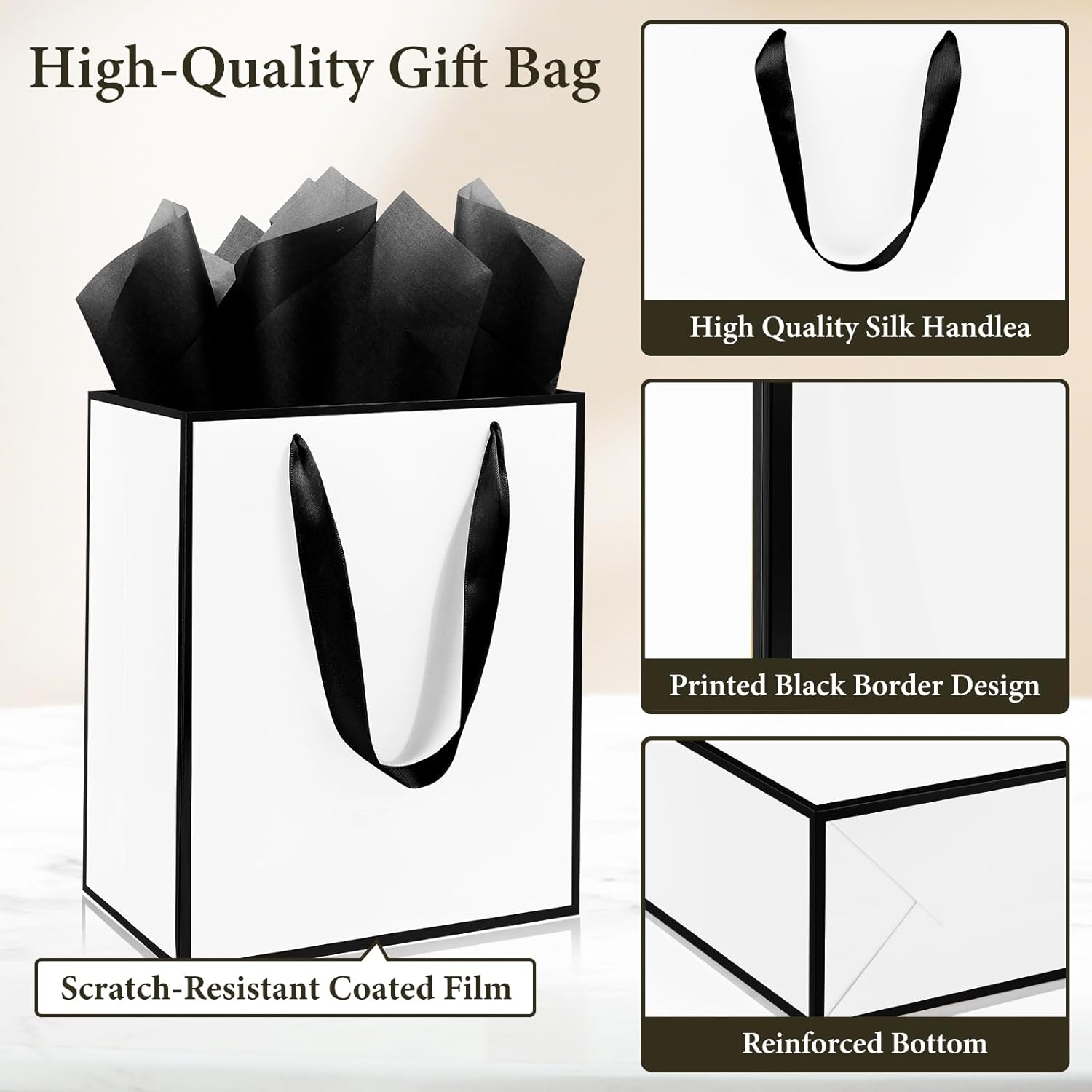 Addblu 28 Pack Bulk Luxury Gift Bags with Handles, Medium Size 9x7x3.15 Inches - Includes 28 Tissue Papers for Wedding, Birthday, Baby Shower, Thanksgiving, Christmas, & Party Favors (White with black border) - Image 3