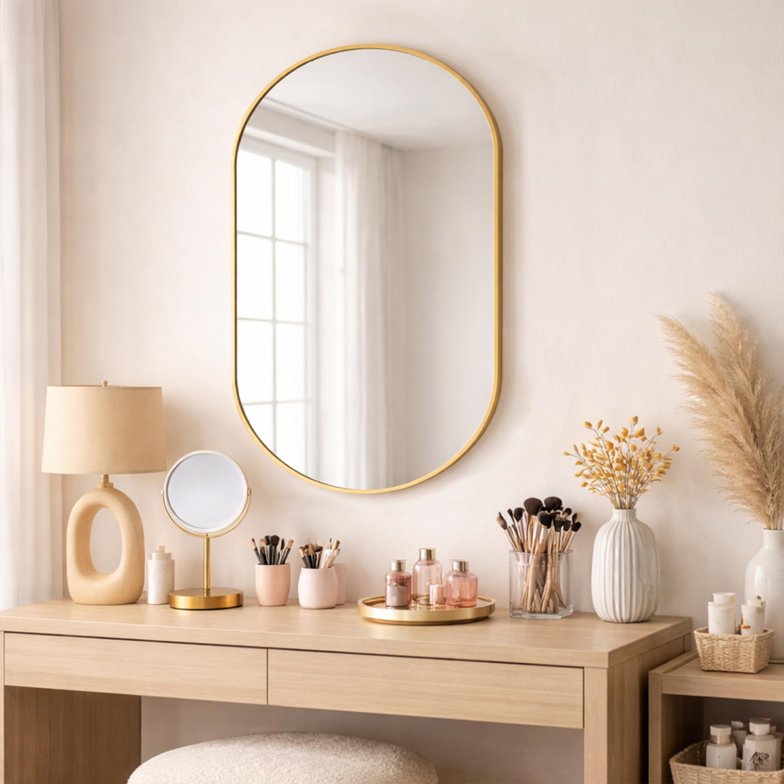Rousrie Premium Glass Wall Mirror with Golden Border, Capsule Shape, 45 x 30 cm, for Bathroom, Living Room, Washbasin-image-12