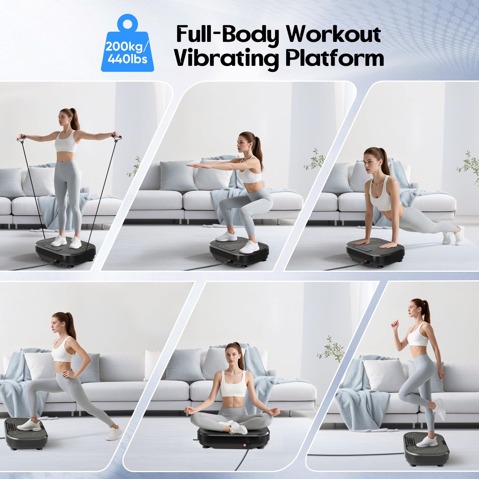 Plataforma Vibratoria, 120 Velocidades Plataforma Vibración Muscular para Musculación y Moldeado,Altavoz Bluetooth y Bandas Elásticas Fitness en Casa para Quemar Grasa y Adelgazar