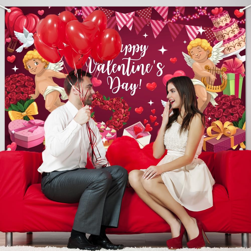 Fotohintergrund Für Valentinstag – 180x110 Cm, Mit Amor, Herzen & Ballons, Inkl. Aufhängebändchen