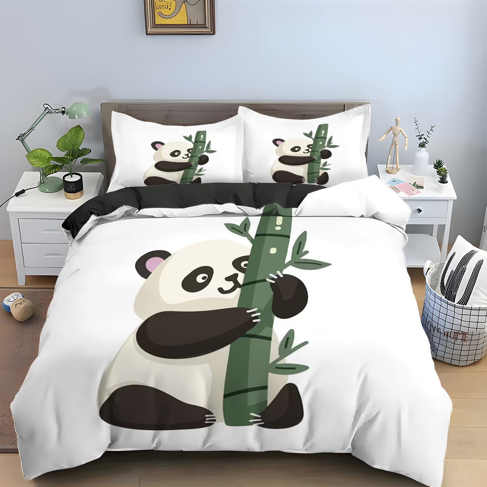 Uroczy zestaw pościeli na łóżko super king-size, panda, 3-częściowy zestaw poszewek na kołdrę z dwustronnym nadrukiem, poszewka na kołdrę i 2 poszewki na poduszki, miękka szczotkowana