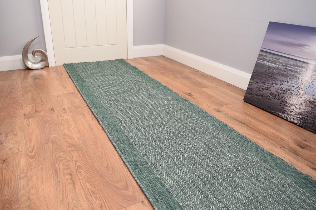 SrS Rugs® Luna Flatweave Collection, Reversible Indoor Outdoor Runner Rug for Hallway, Kitchen, and Entrance. Smooth Soft 2mm Depth Pile. 70cm Wide. Any Length (Flatweave Green, Length: 4' (122cm)) — image 1