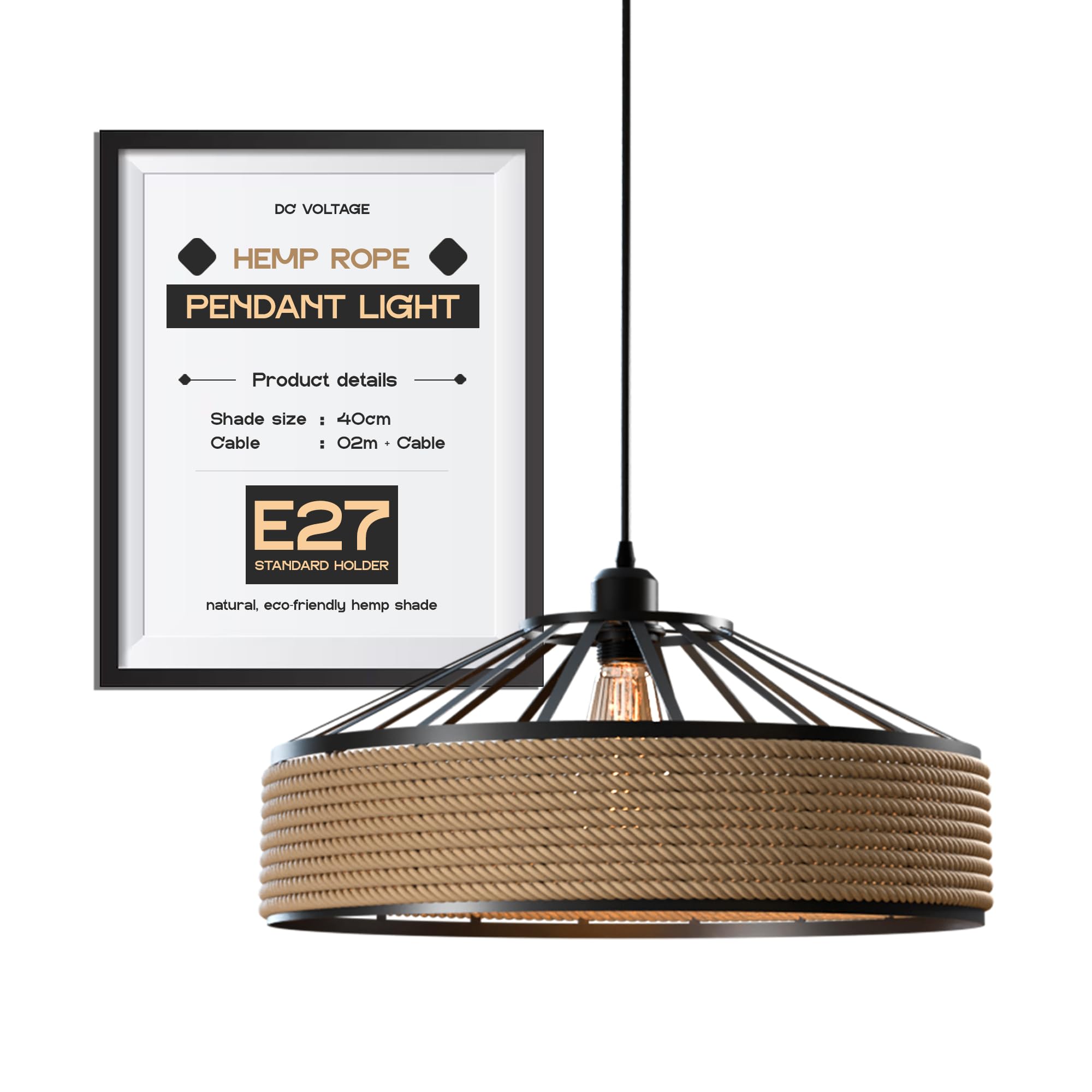 DC VOLTAGE Industrial Metal & Rope Pendant Light 40cm Retro Hemp Rope Black Ceiling Lampshade with 2m Adjustable Cable Pendant Lamp for Living Room Bedroom Kitchen Hallways Floor Lamp
