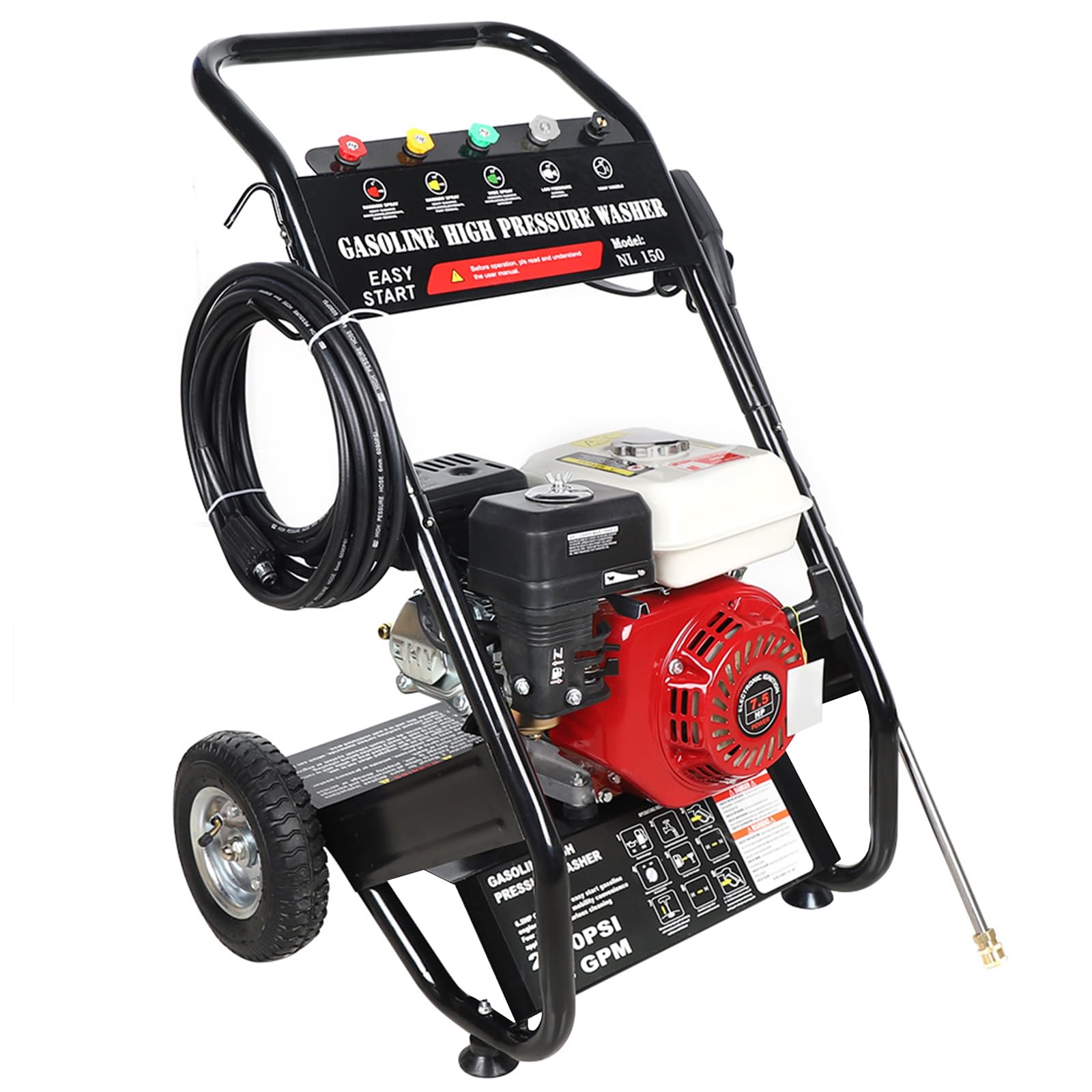Petrol Pressure Washer Modern Black and Red 210 Bar 5 Nozzles Water Vacuum Hose Includes Professional Pressure Cleaner