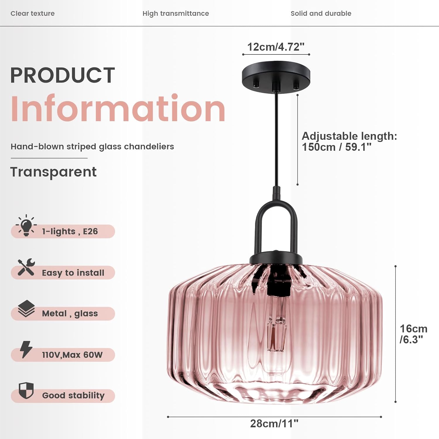 Large Glass Pendant Lights Fixture Mid Century Modern Pendant Lighting Pink Globe Shade Adjustable Cord Pendant Light Vintage Ceiling Hanging Lights for Dining Room Kitchen Island