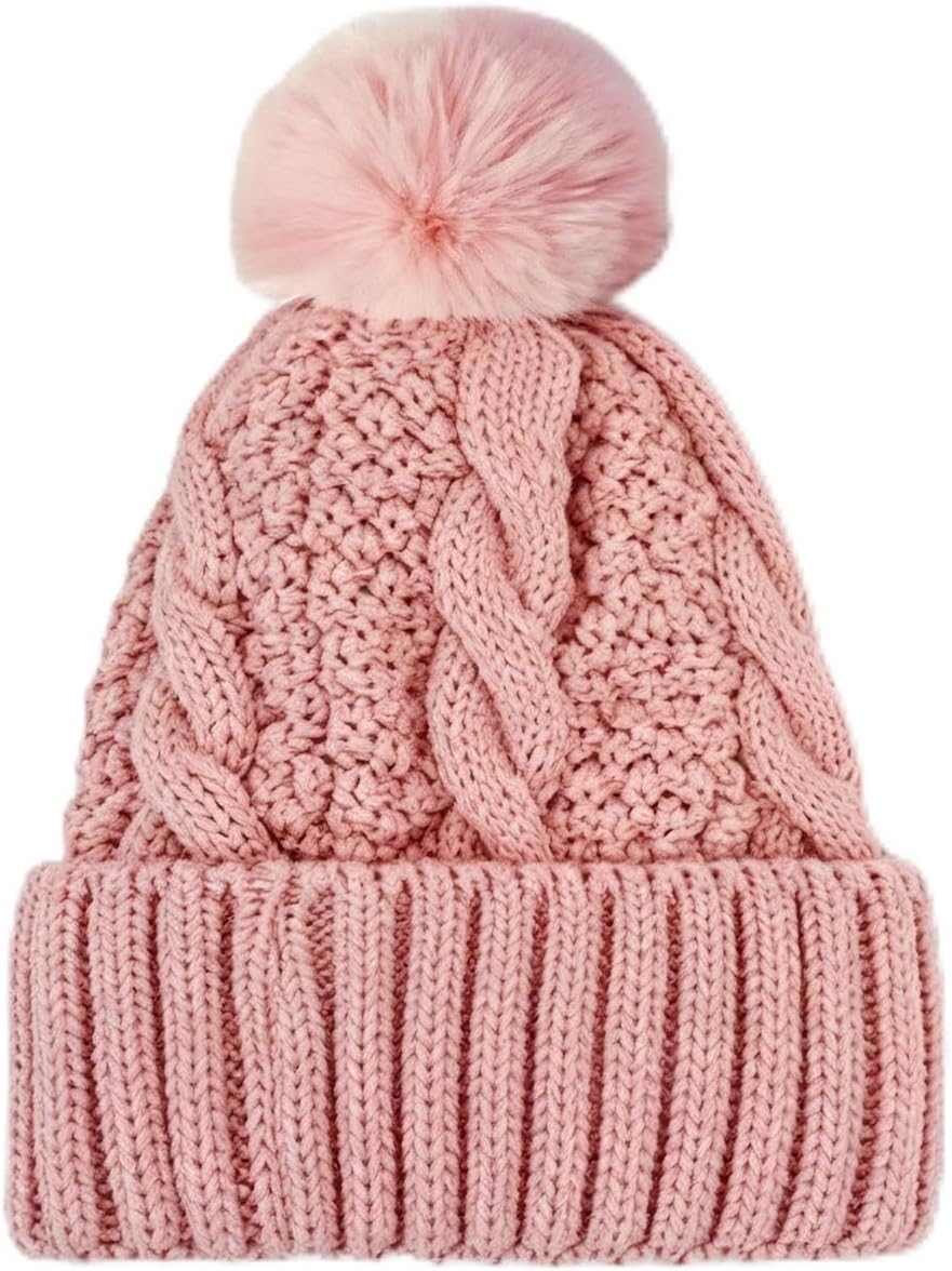Cable Knit Pom Pom Beanie Pink Winter Hat Soft Warm Stretch Cap