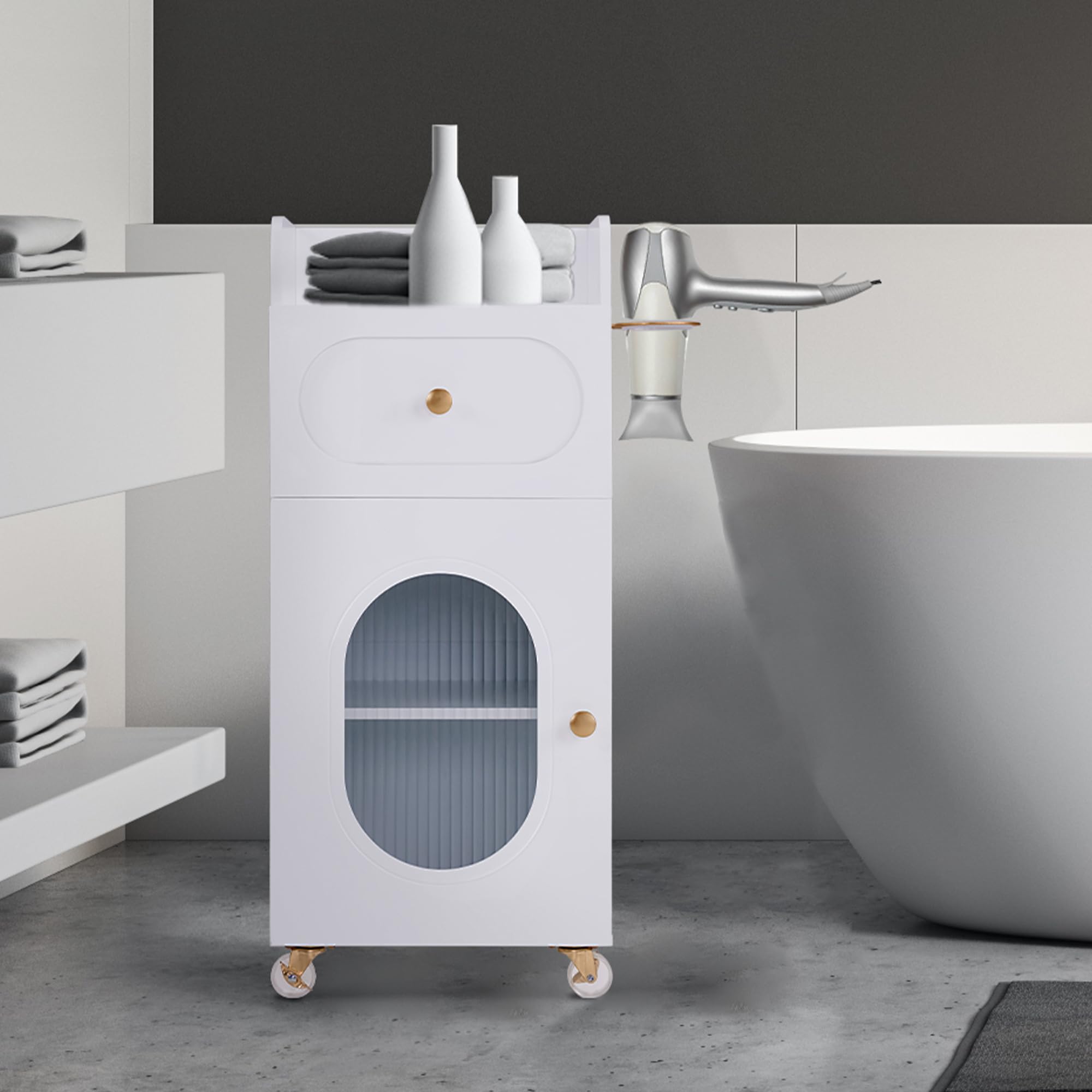 M MCombo Chariot de coiffure avec roulettes et tiroirs, chariot de service blanc, chariot de salon avec 3 étagères et support pour sèche-cheveux, 31,4x37x85,5 cm, 0051