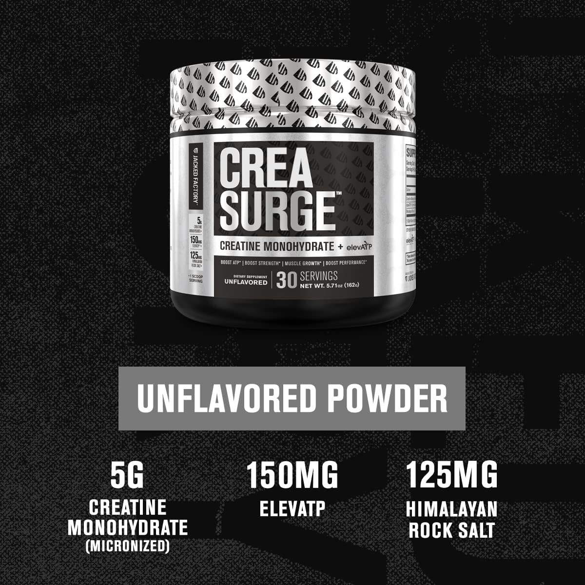 Jacked Factory Creatine Monohydrate Powder w/ElevATP - Creasurge 5g Micronized Creatine Supplement w/ElevATP for Post Workout Muscle Recovery & Growth - Powerful Muscle Builder - 30 Sv, Unflavored