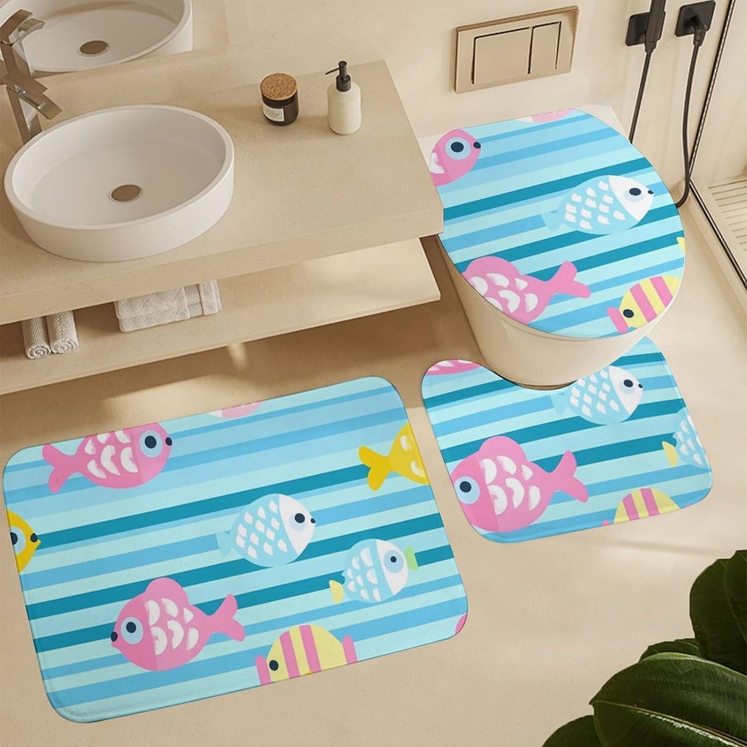 Cartoon Fish Pattern Modern Bathroom Sets with Shower Curtain and Rugs Decor 4 Pcs with 12 Hooks