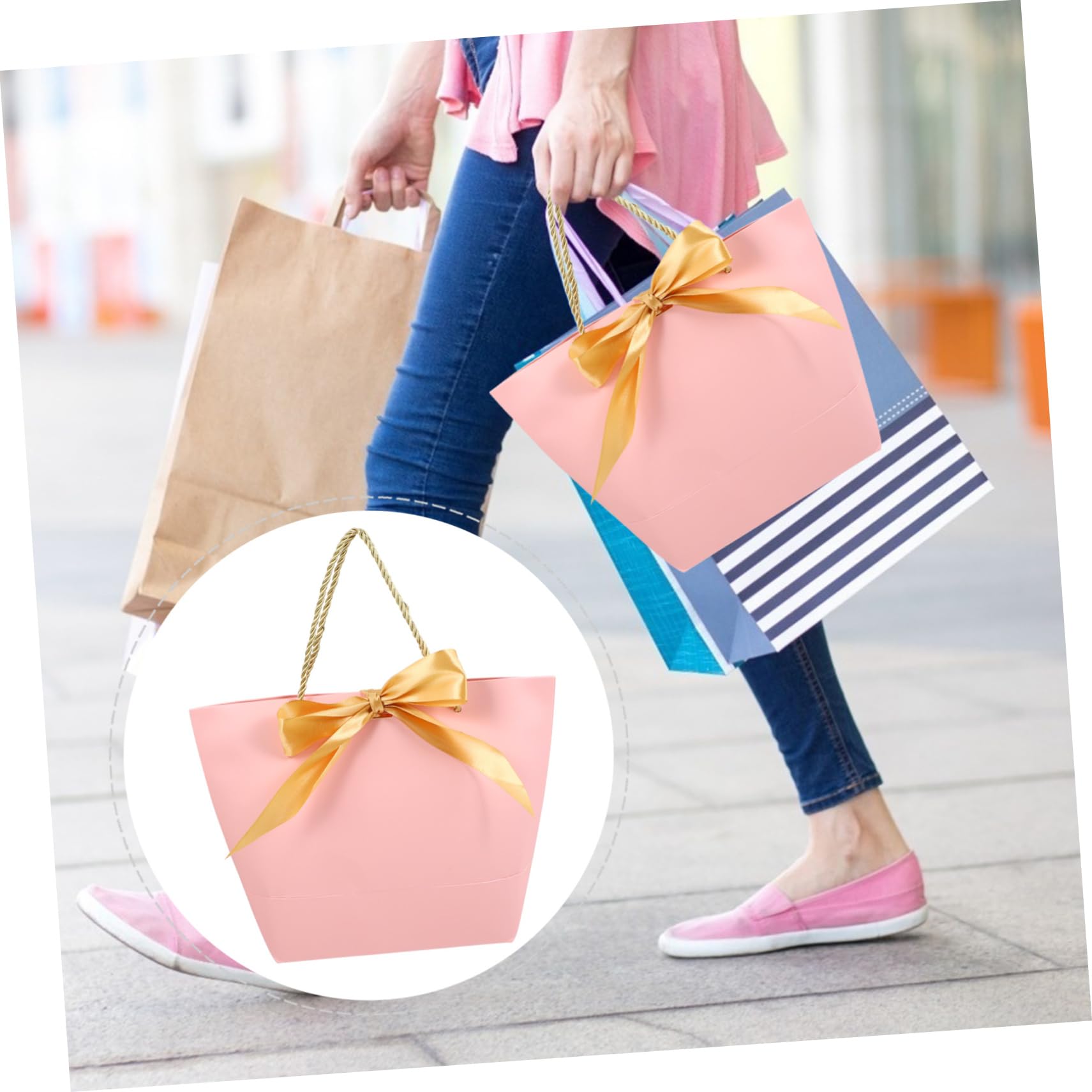 NIYANGLE Papier Verkaufstüten Wiederverwendbar Rosa 12 Stück mit Schleifenmuster Praktische Tragetaschen für Geschenke und Kleidung
