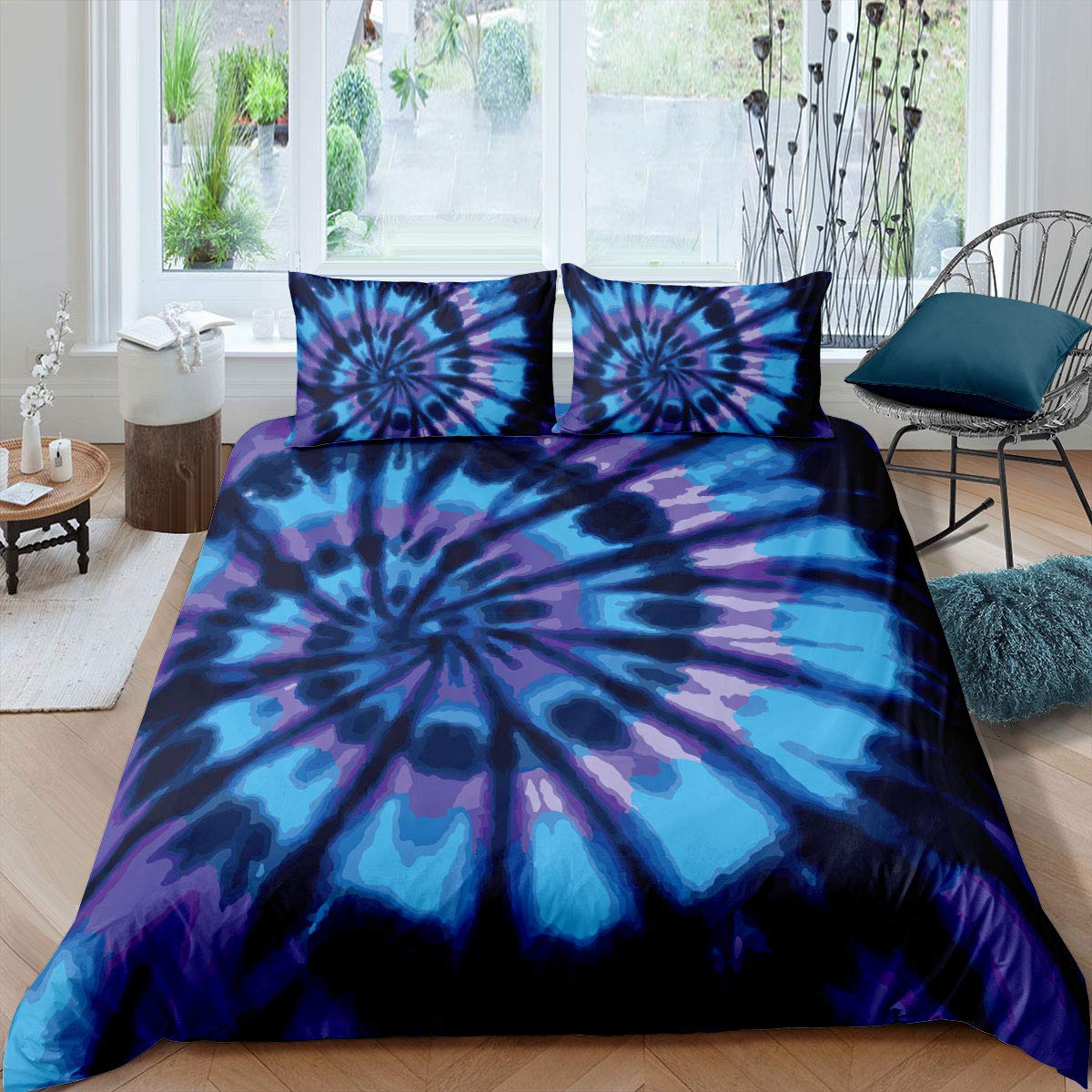 Purple Tie Dye Bedding Set Blue Tie Dye Bedding Duvet Cover Spiral Tie Dyed Printed Bed Comforter Cover Set,Boho Bohemian Hippie Bedding Sets Full Size Abstract Printed Quilt Cover Set with Zipper